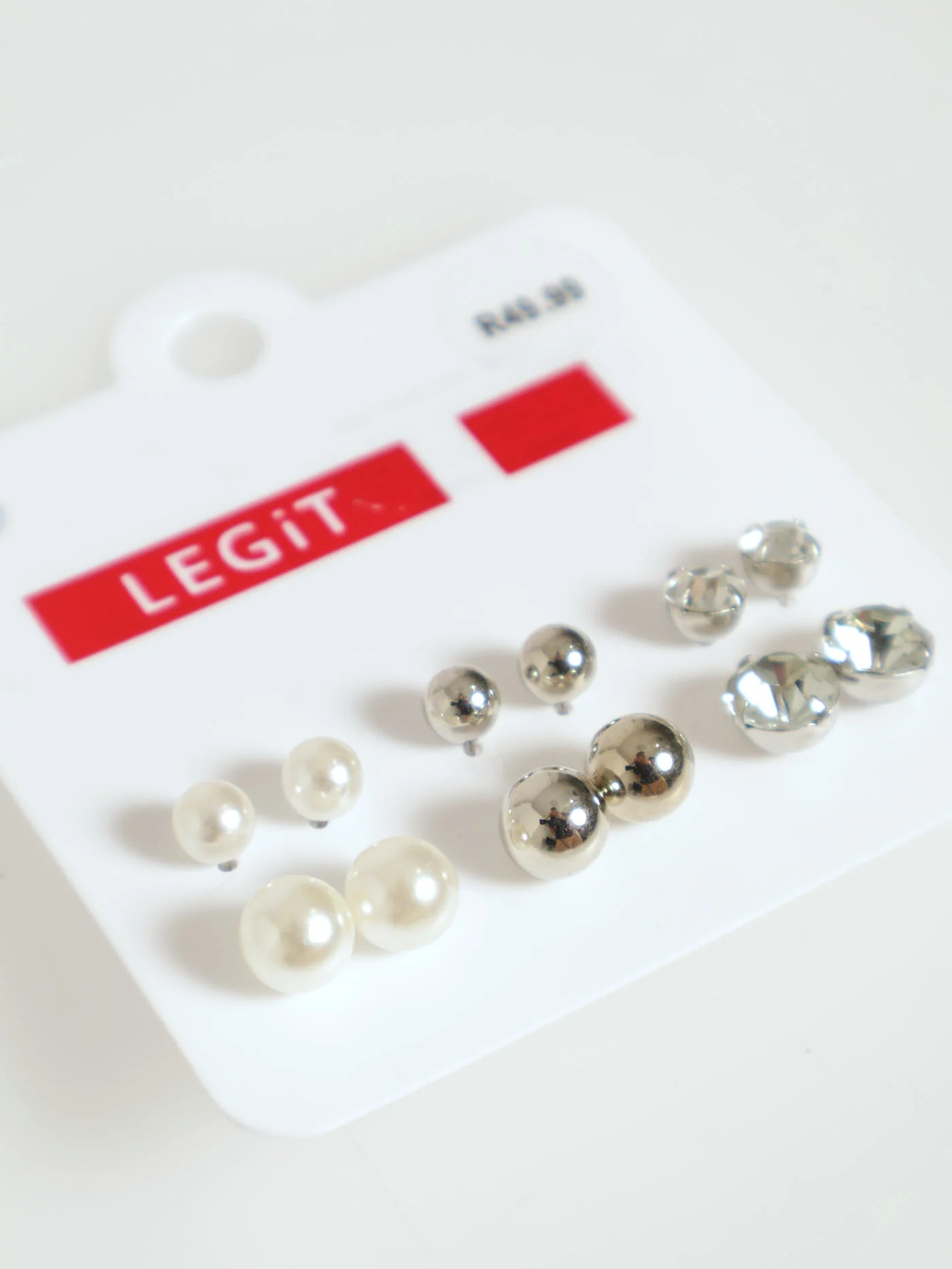 6 Pack Diamante Pearl Stud Earrings - Silver - Image 2