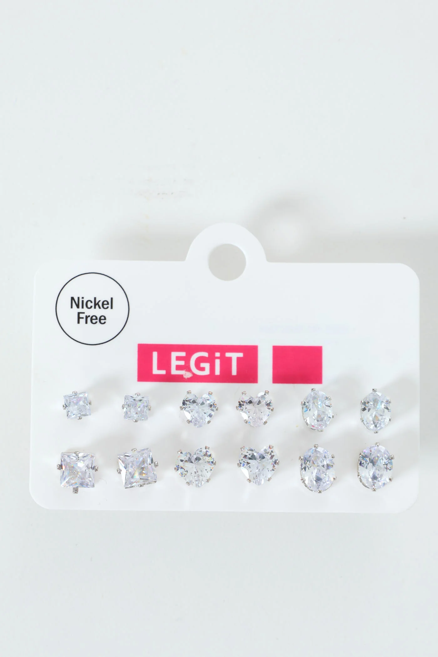 6 Pack Multi Shape Diamante Earrings - Silver
