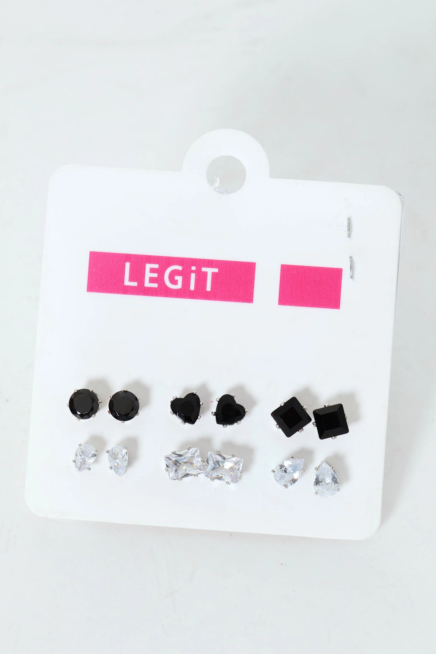 6 Pack Novelty Diamante Stud Earrings - Silver