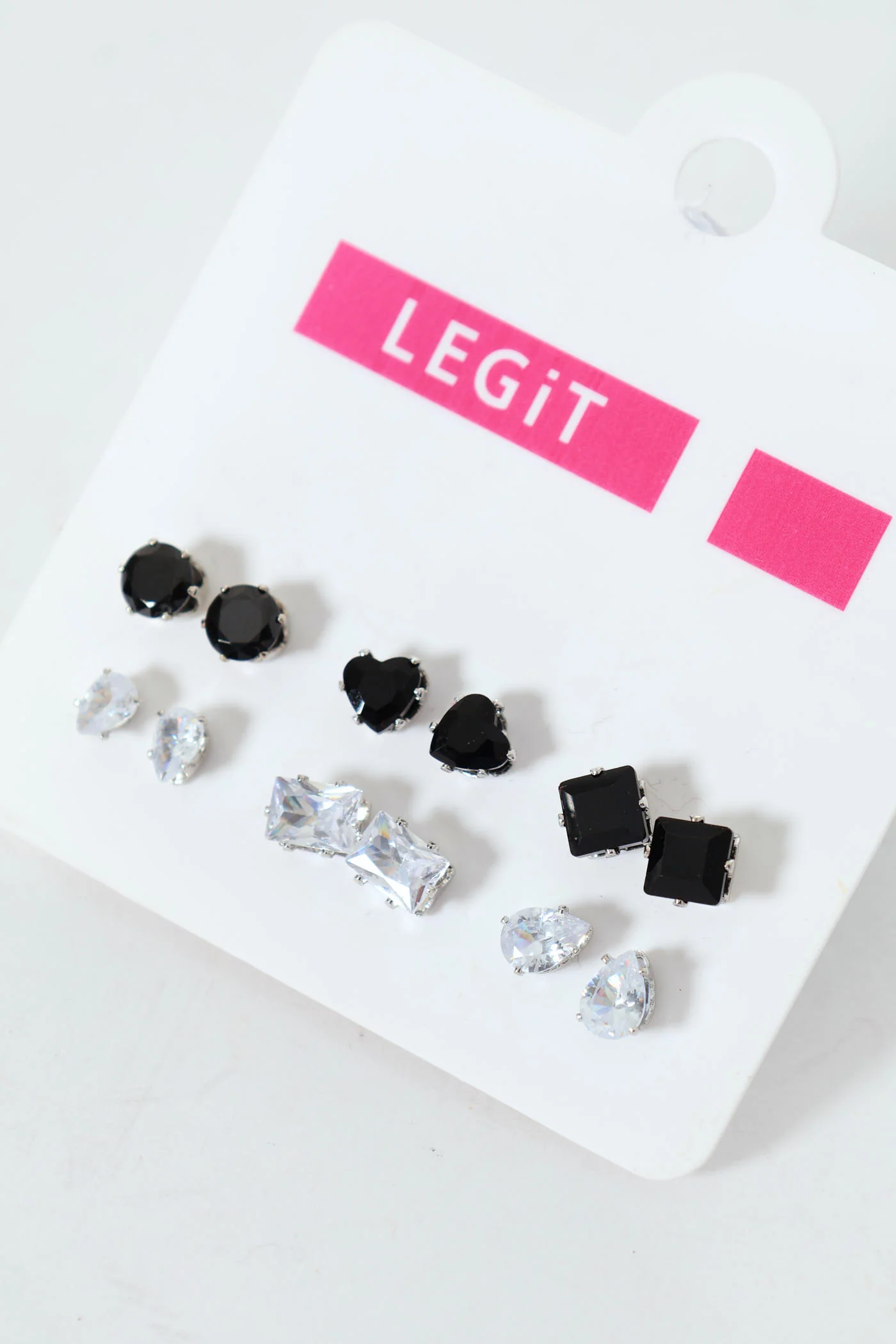 6 Pack Novelty Diamante Stud Earrings - Silver - Image 2