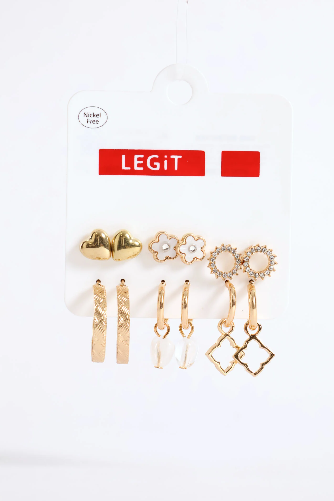 6 Pack Novelty Diamante Stud & Hoop Earrings - Gold