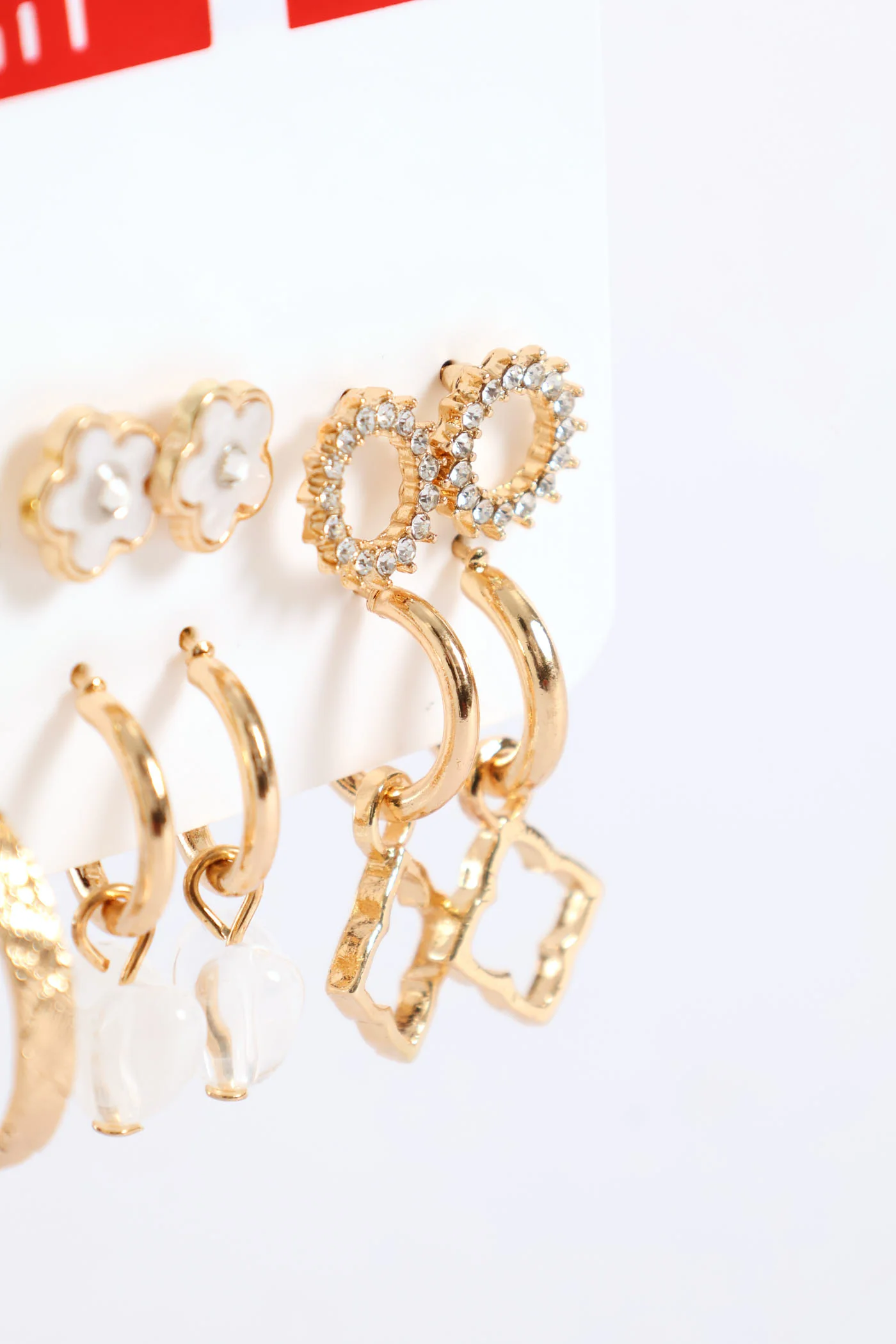 6 Pack Novelty Diamante Stud & Hoop Earrings - Gold - Image 2