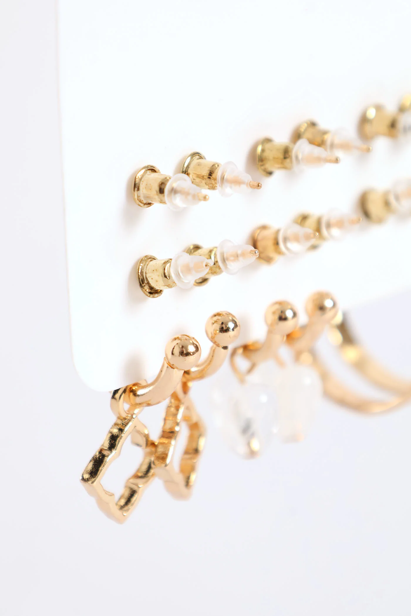 6 Pack Novelty Diamante Stud & Hoop Earrings - Gold - Image 3