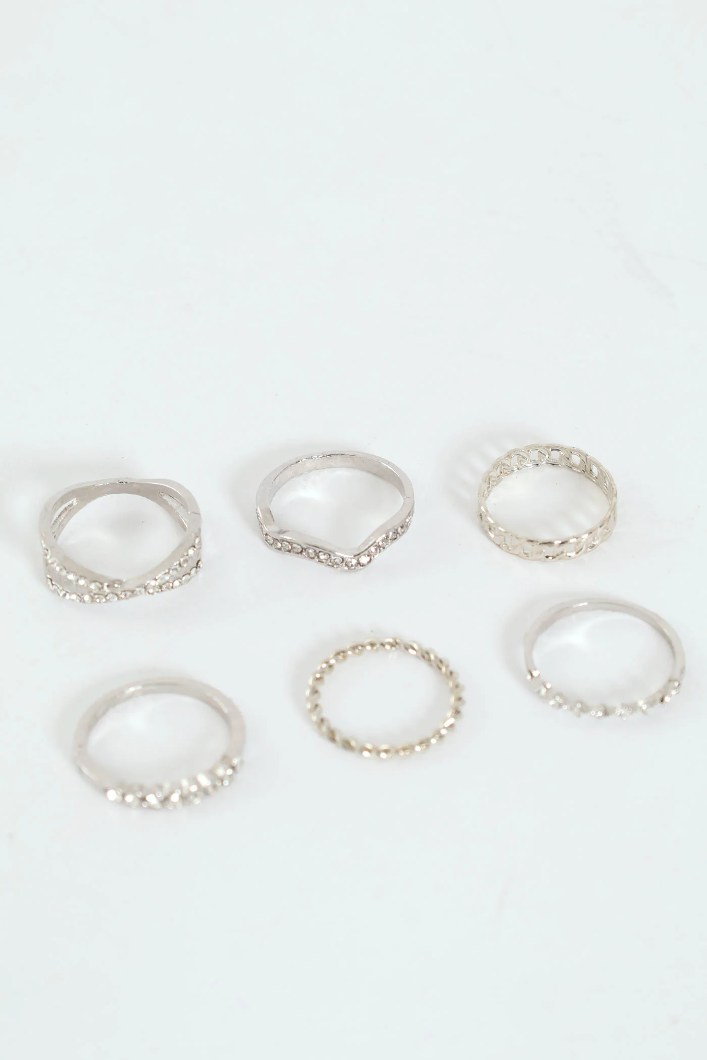 6 Pack Variety Diamante Rings - Silver