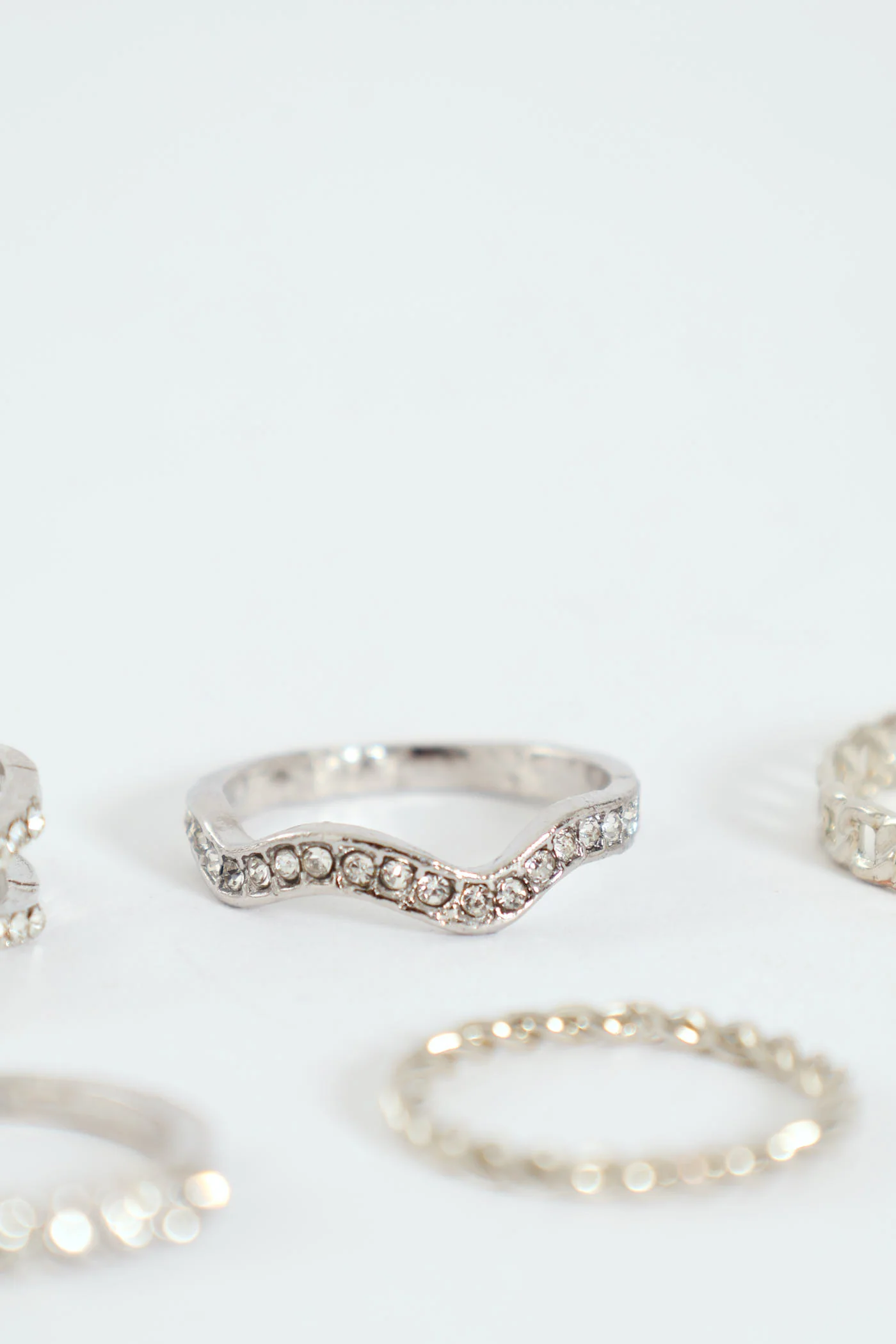 6 Pack Variety Diamante Rings - Silver - Image 5
