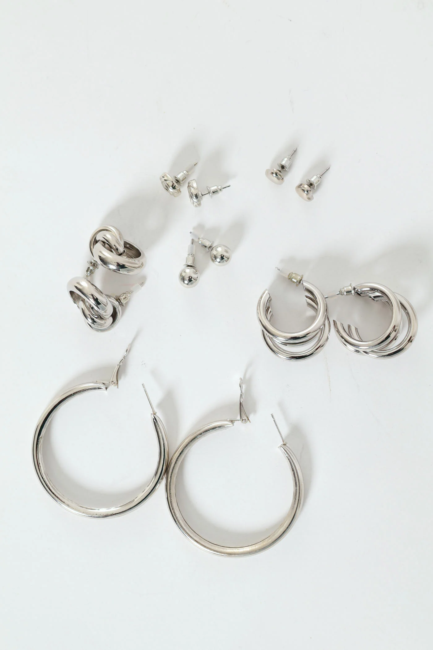 6 Pack Variety Stud & Statement Hoop Earrings - Silver