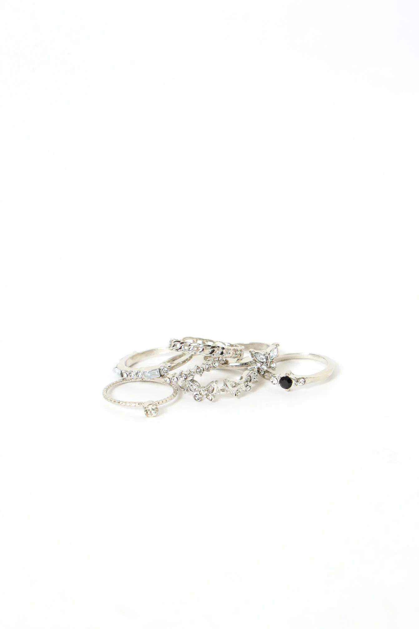 7 Pack Diamante Butterfly & Eternity Rings - Silver