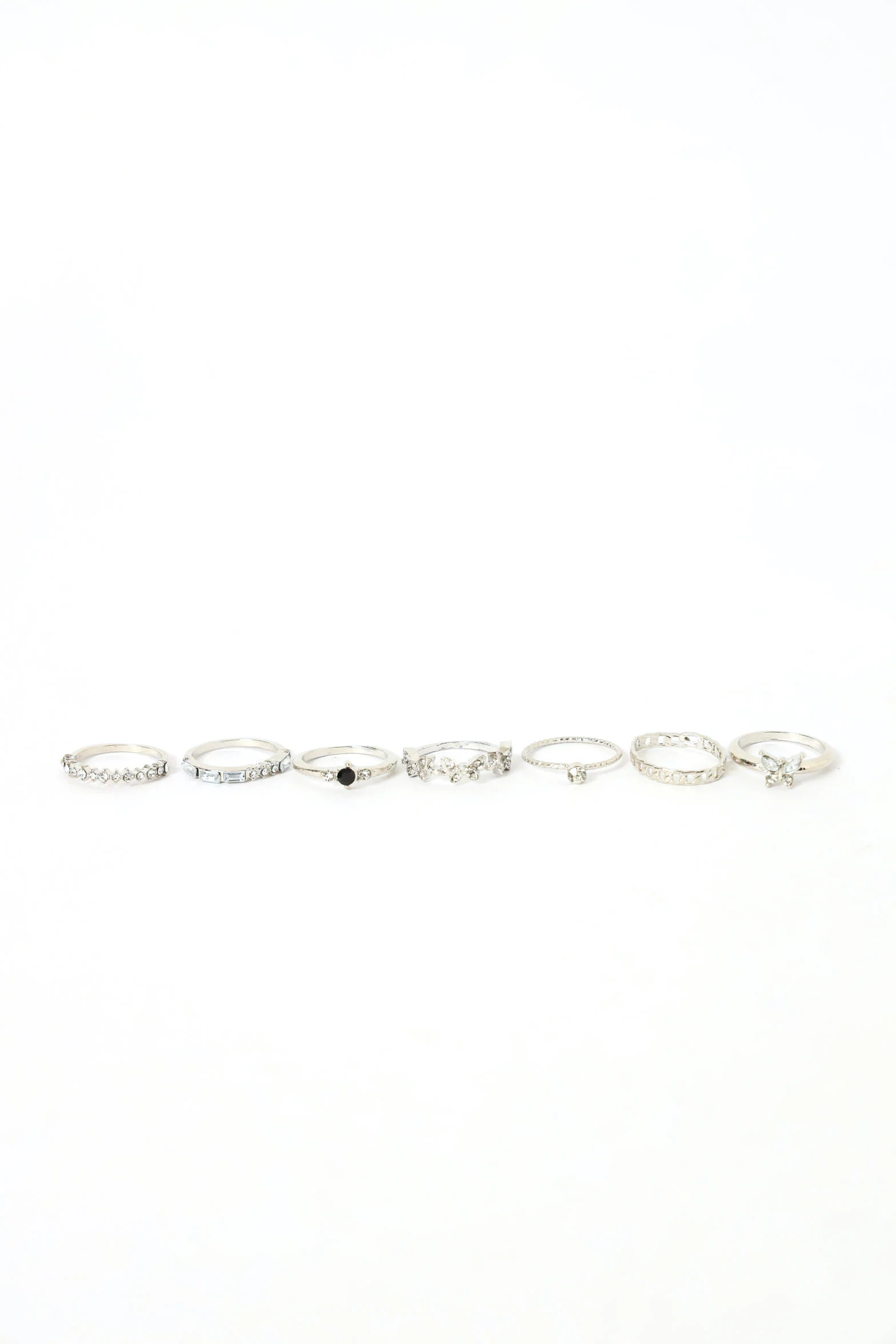 7 Pack Diamante Butterfly & Eternity Rings - Silver - Image 2