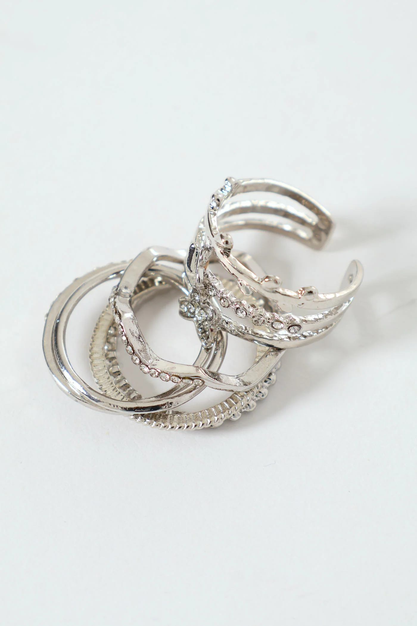7 Pack Diamante Butterfly Rings - Silver