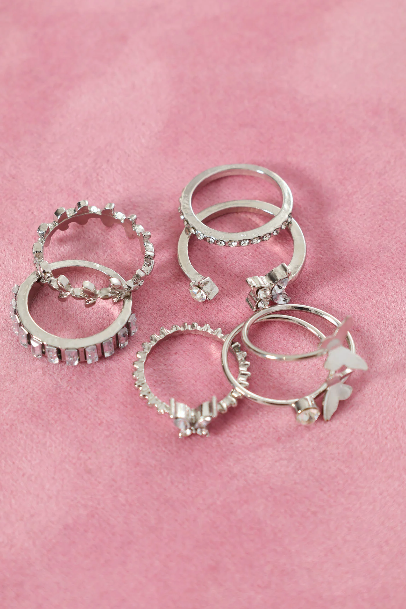 7 Pack Diamante Butterfly Rings - Silver