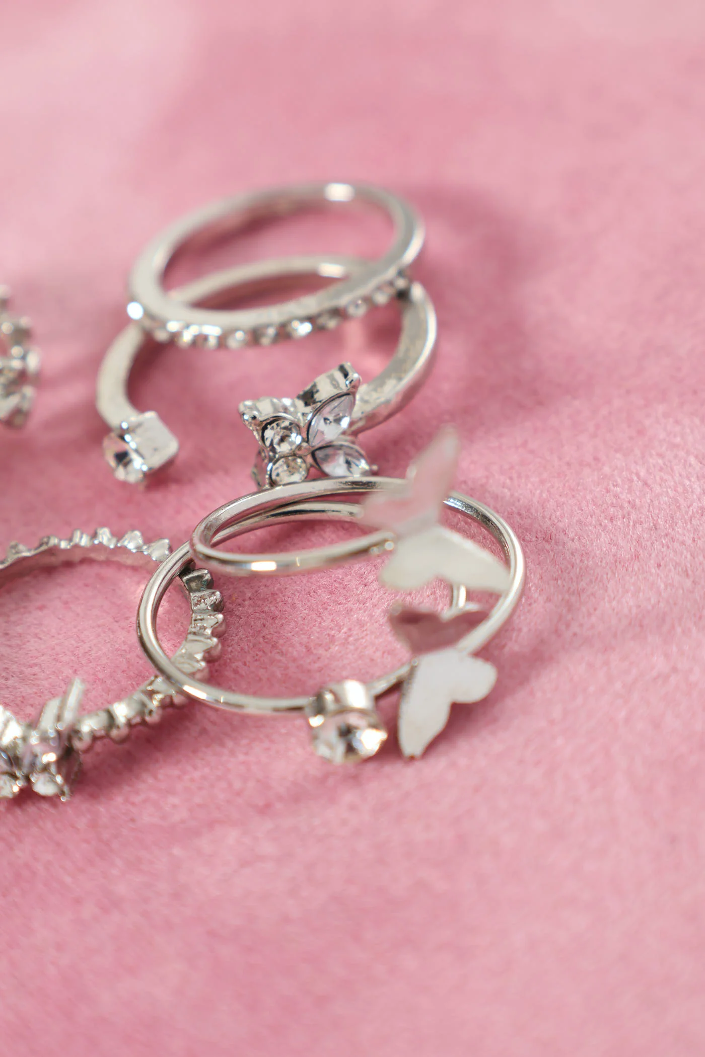 7 Pack Diamante Butterfly Rings - Silver - Image 2