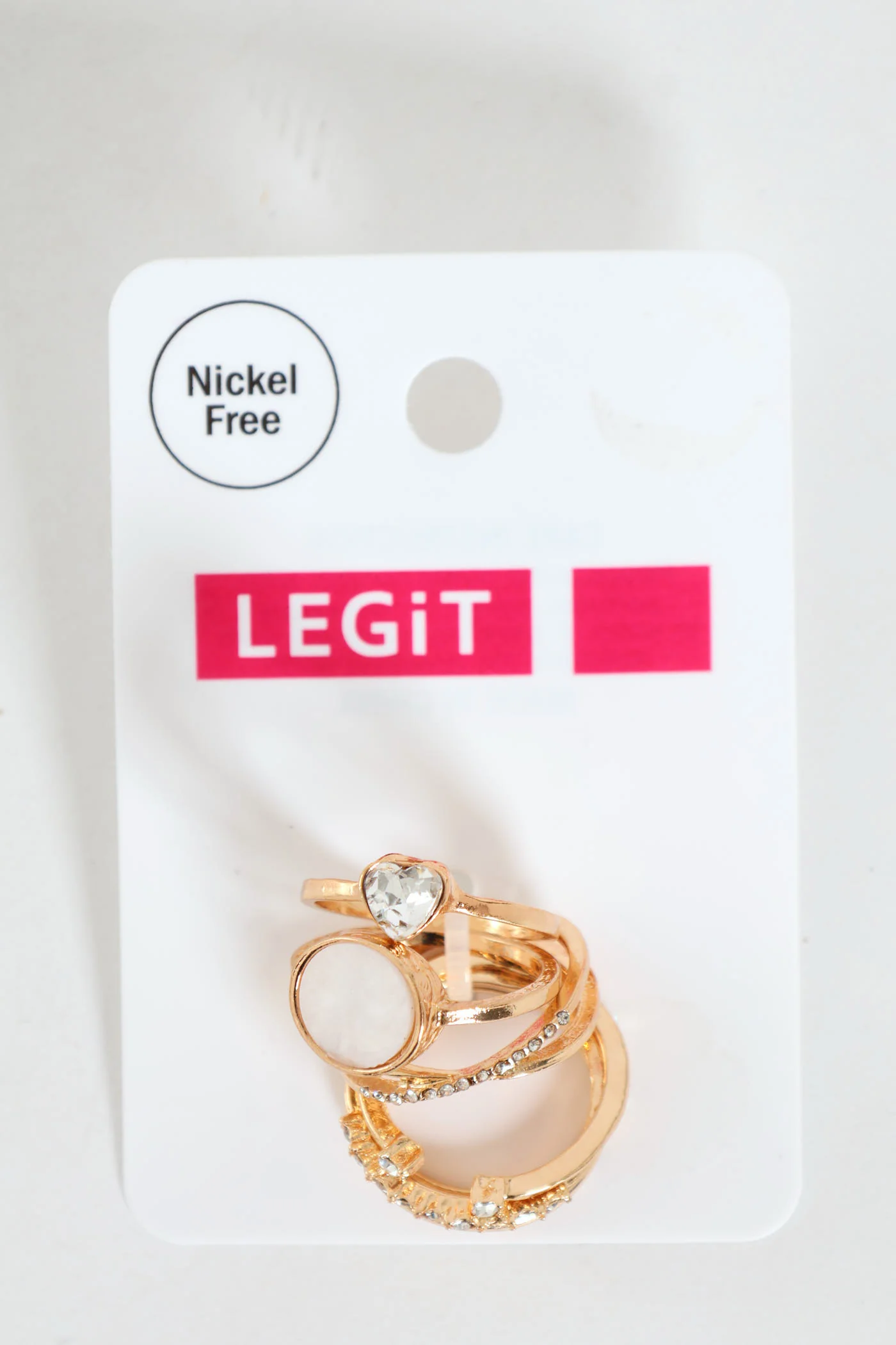7 Pack Diamante & Epoxy Heart Rings - Gold