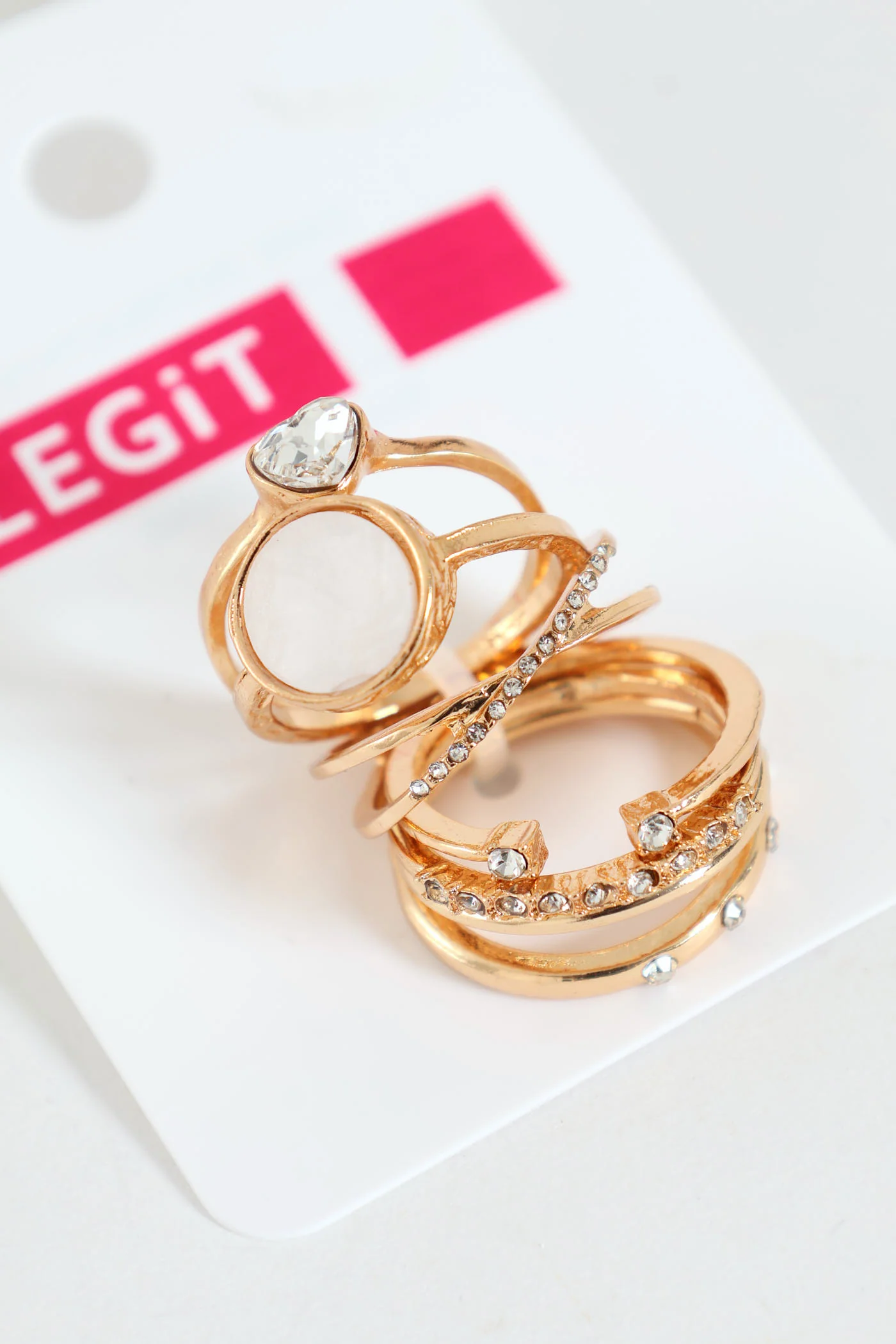 7 Pack Diamante & Epoxy Heart Rings - Gold - Image 2