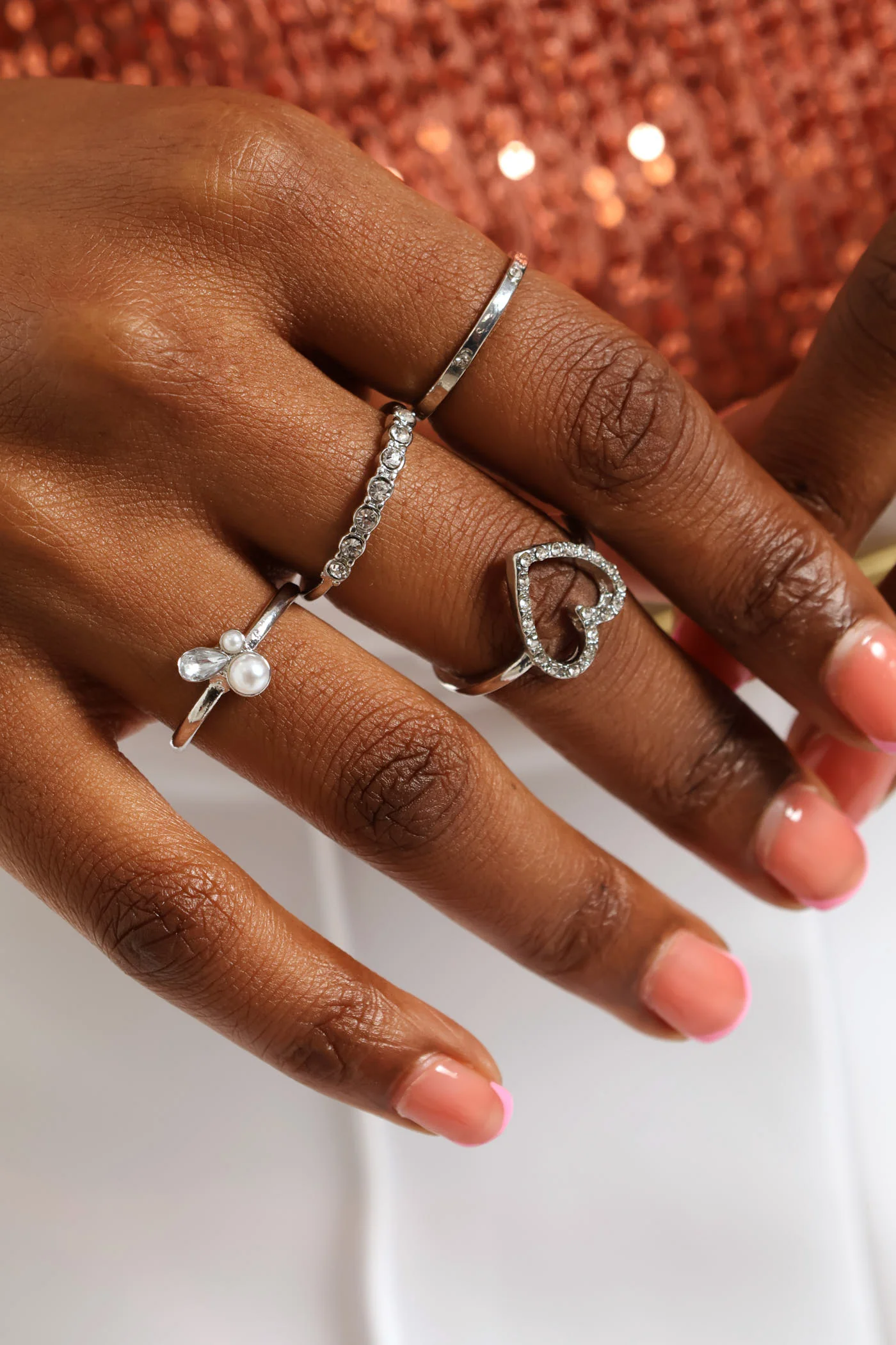 7 Pack Diamante & Heart Rings - Silver