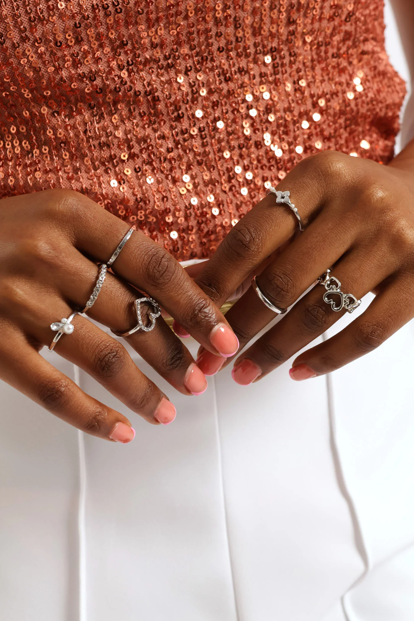 7 Pack Diamante & Heart Rings - Silver - Image 2
