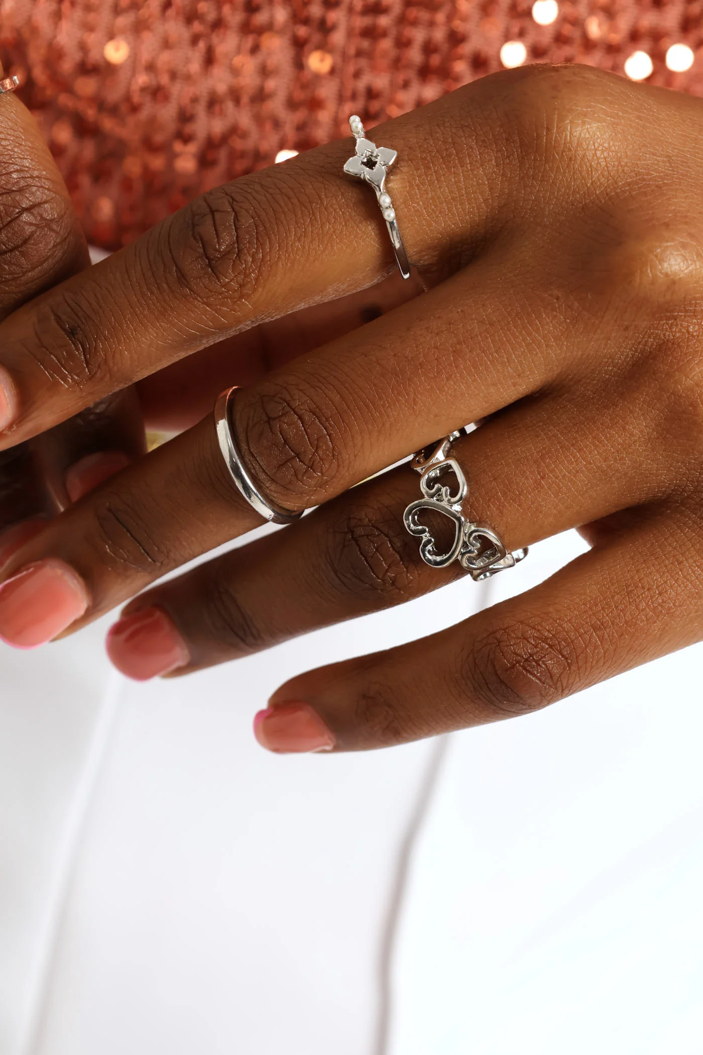 7 Pack Diamante & Heart Rings - Silver - Image 3