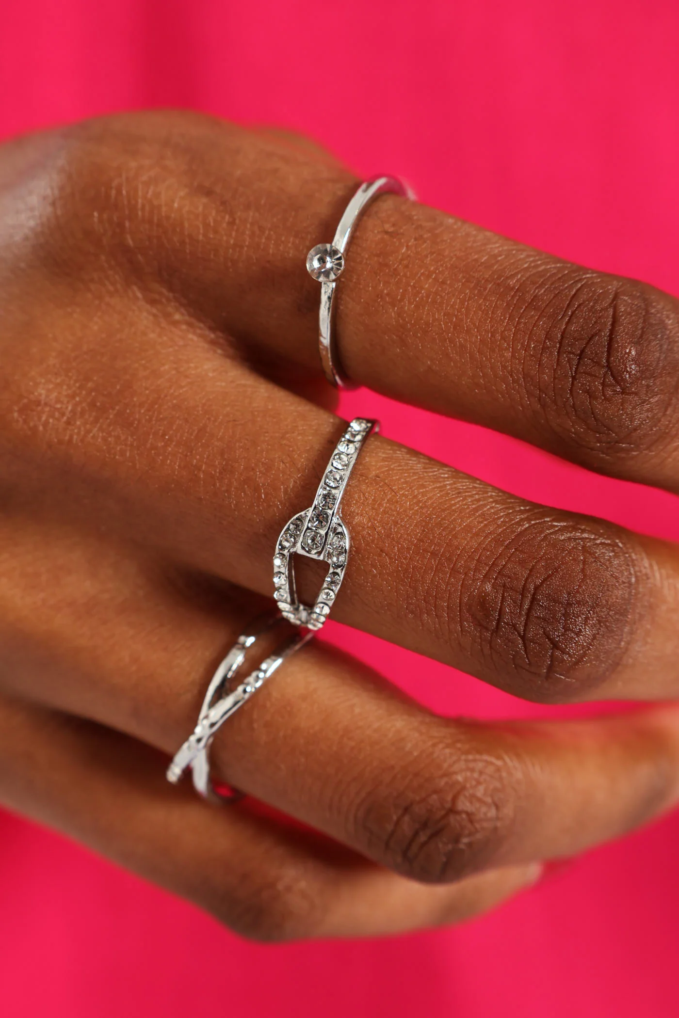 7 Pack Diamante Variety Rings - Silver - Image 3