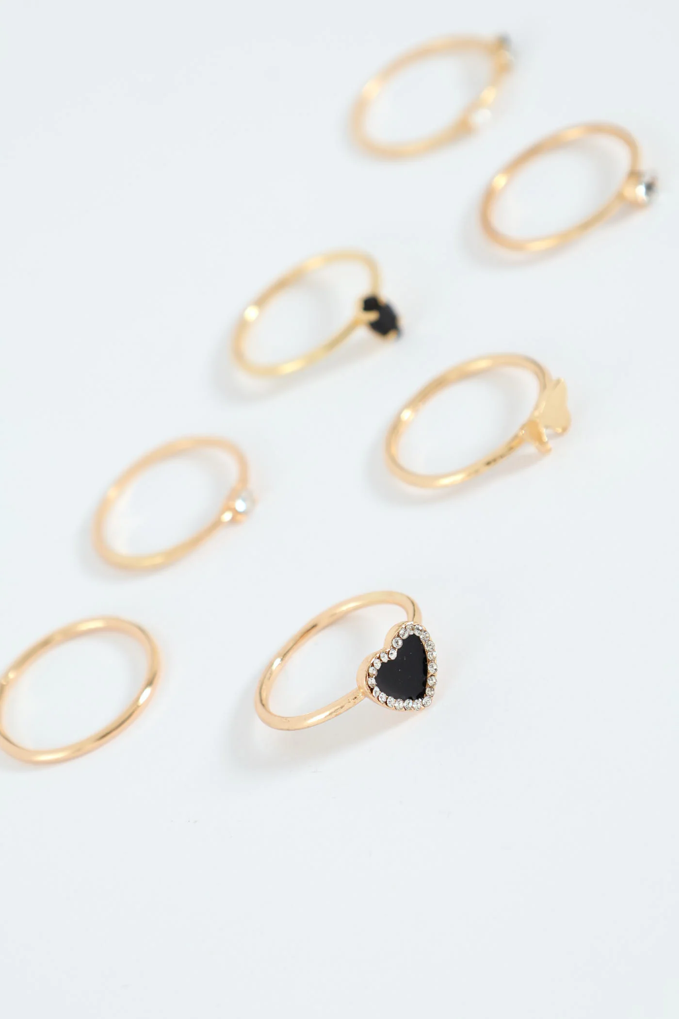 7 Pack Diamante Heart & Epoxy Rings - Gold