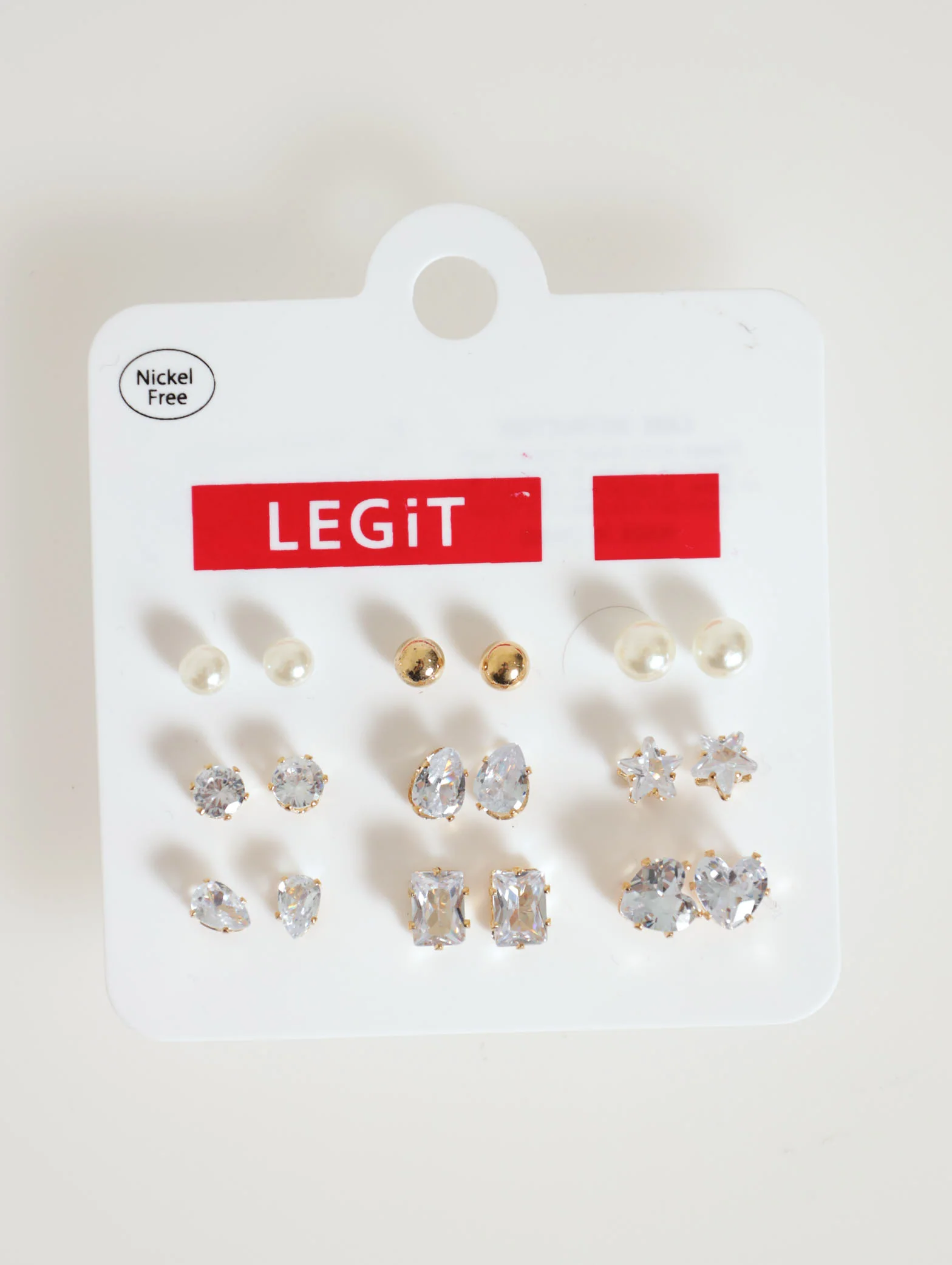 9 Pack Diamante Stud Earrings