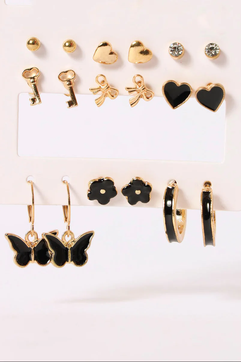 9 Pack Variety Stud & Small Hoop Earrings - Black/Gold