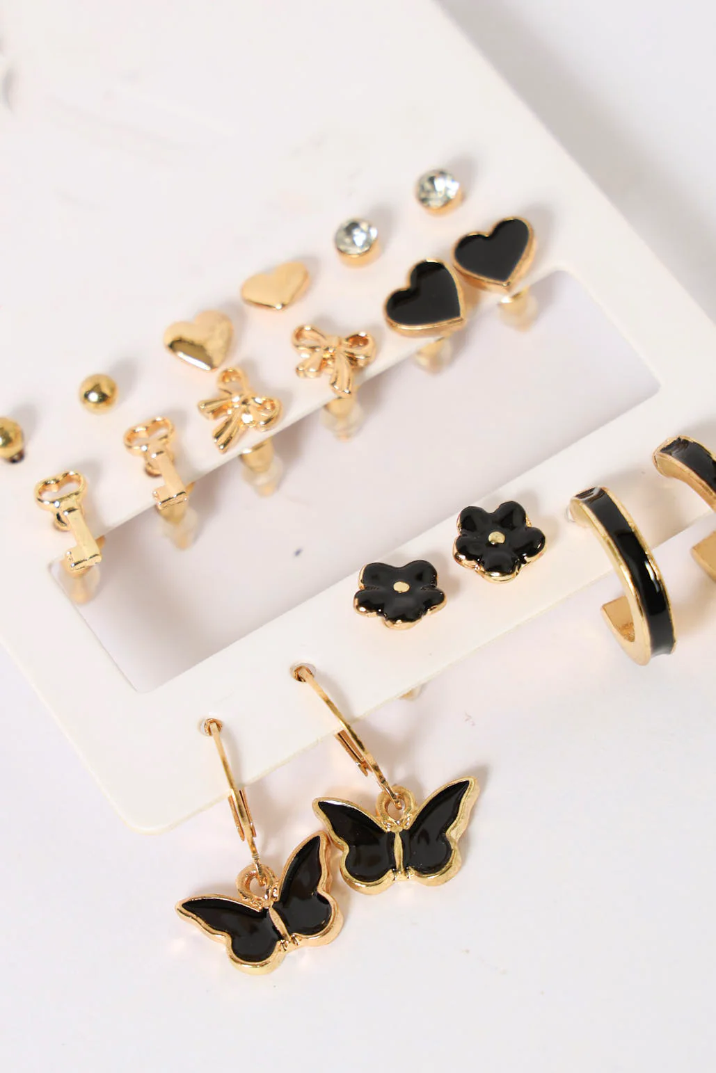 9 Pack Variety Stud & Small Hoop Earrings - Black/Gold - Image 2