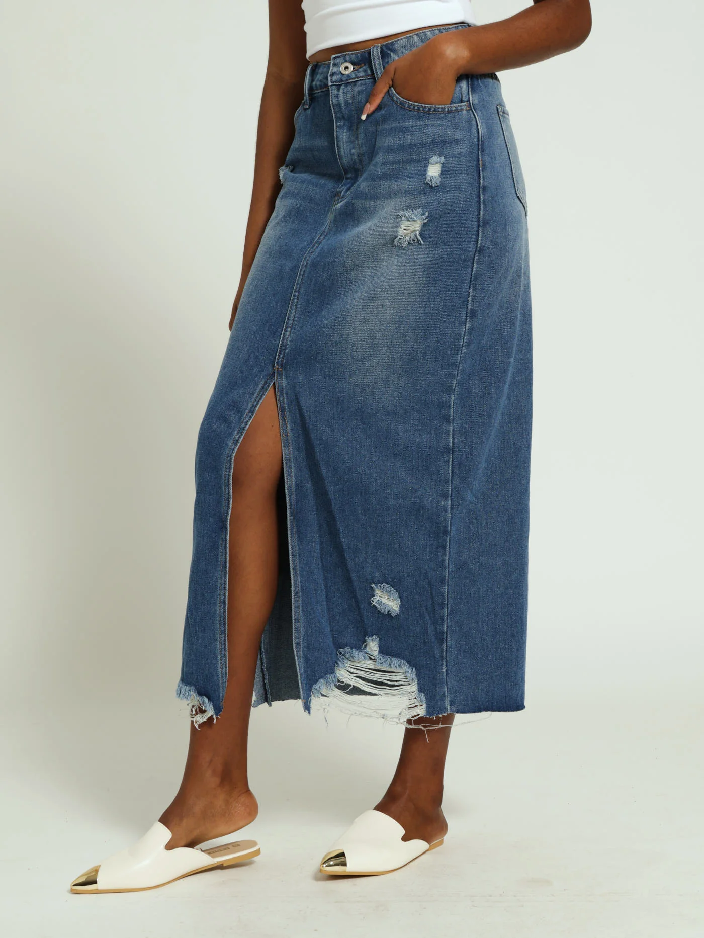 Abraised Denim Midi Skirt - Stonewash - Image 2