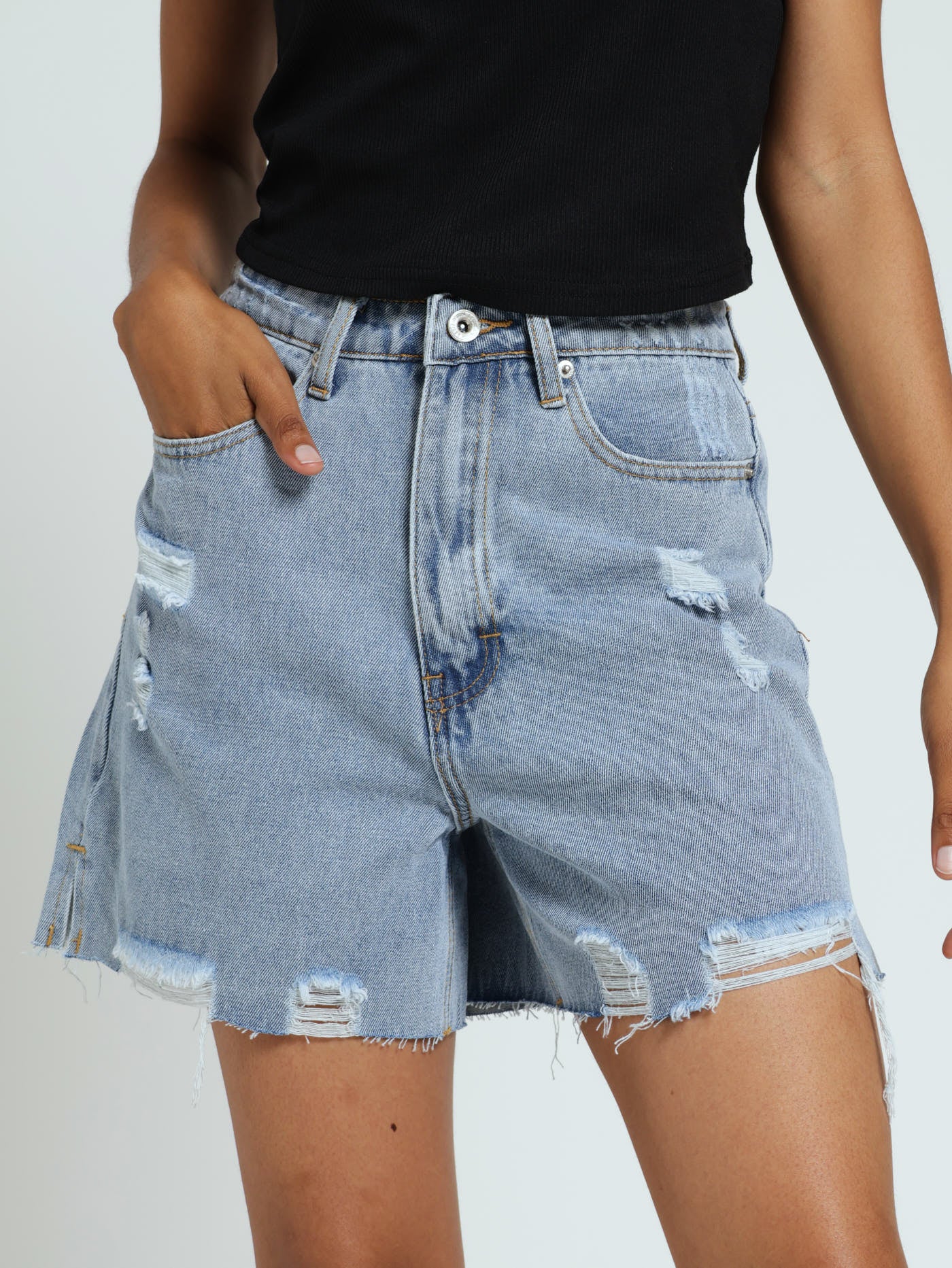 Abraised Denim Mom Shorts - Light Wash
