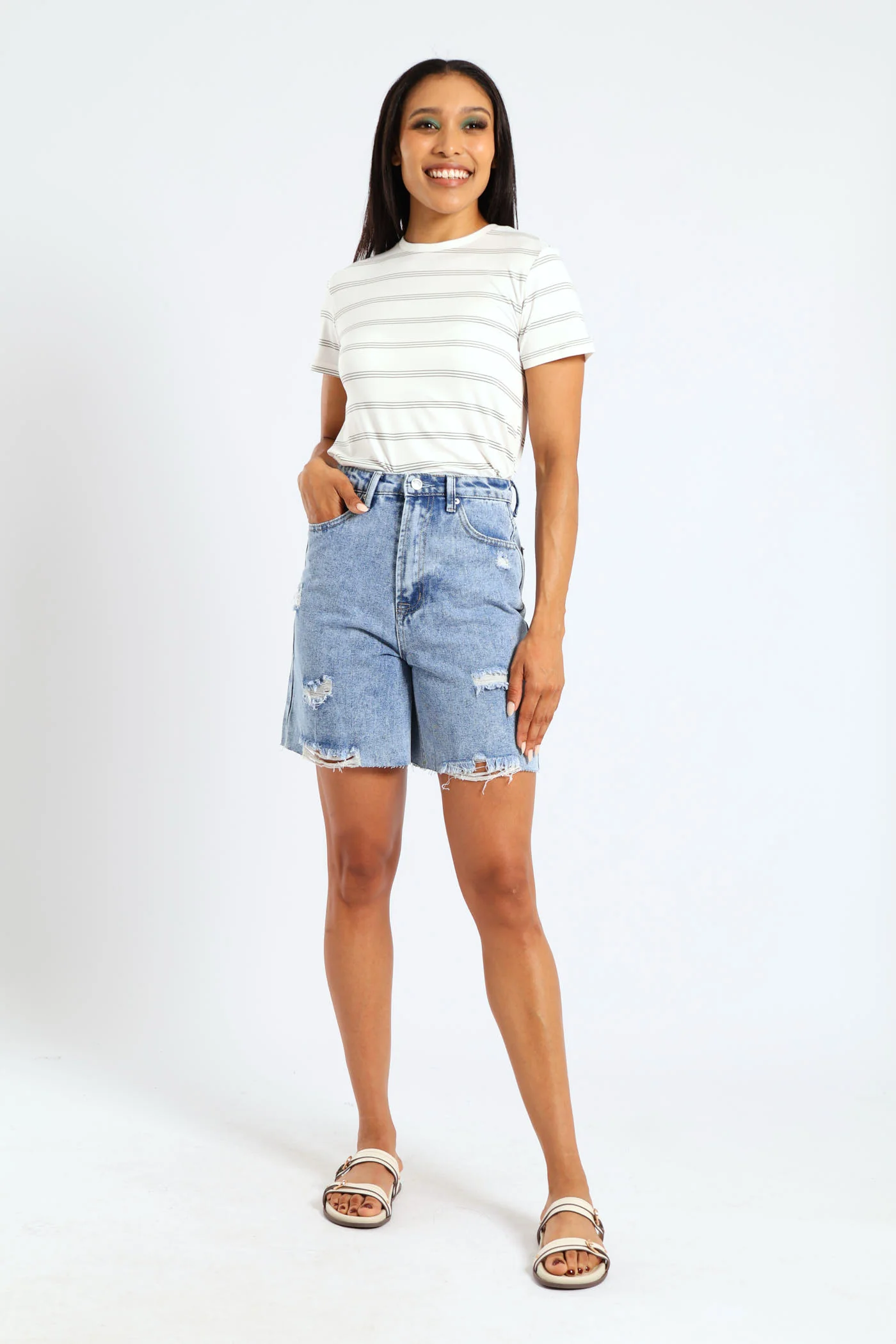 Abraised Denim Raw Hem Bermuda Shorts - Stonewash - Image 2