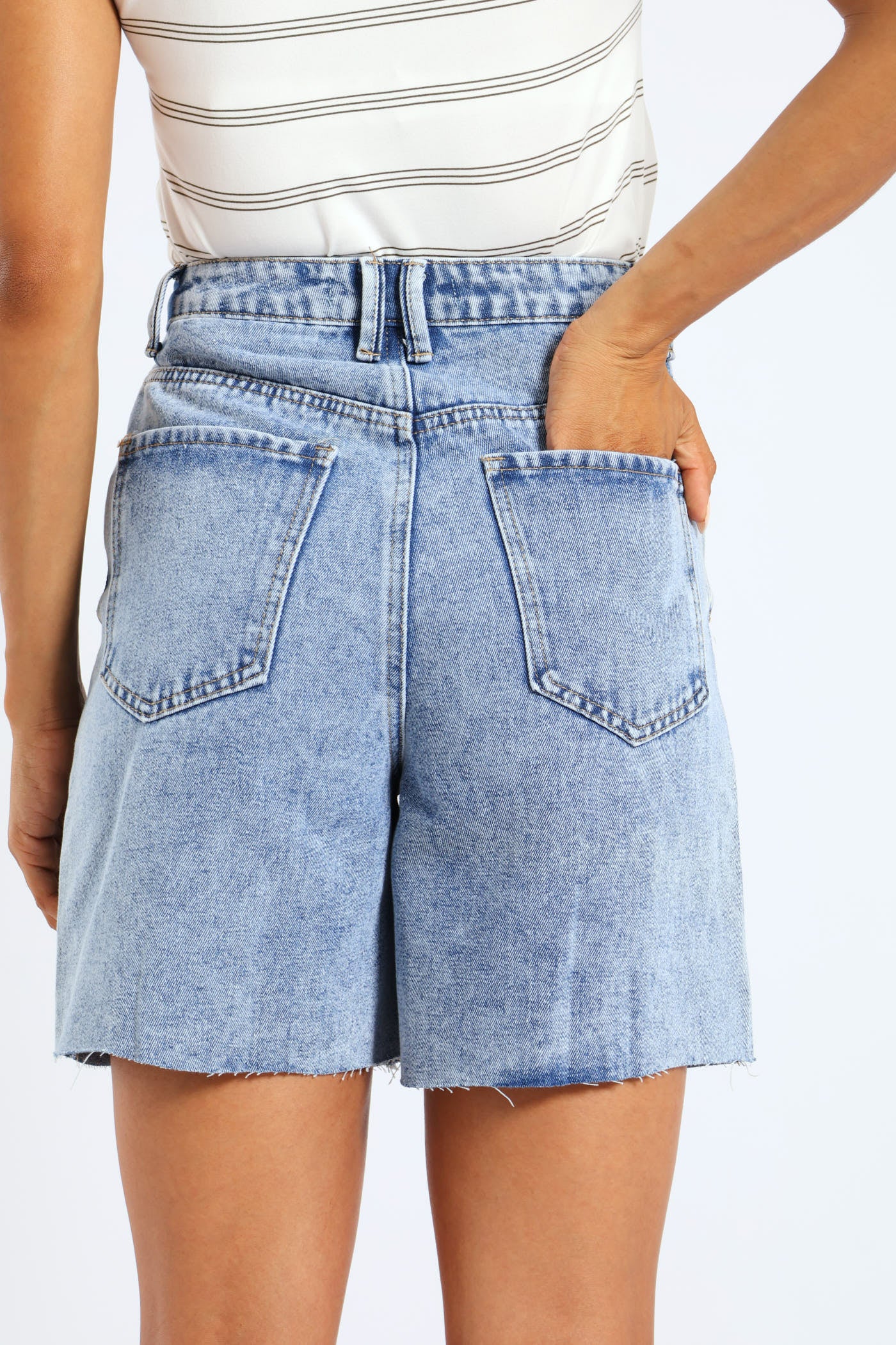 Abraised Denim Raw Hem Bermuda Shorts - Stonewash - Image 7