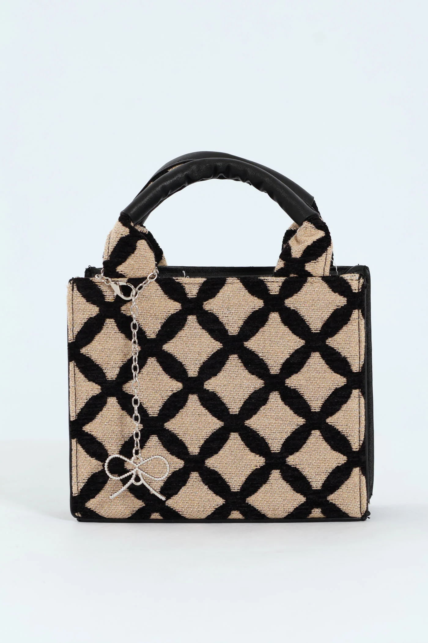 Abstract Flower Print & Bow Charm Tote Bag - Cream