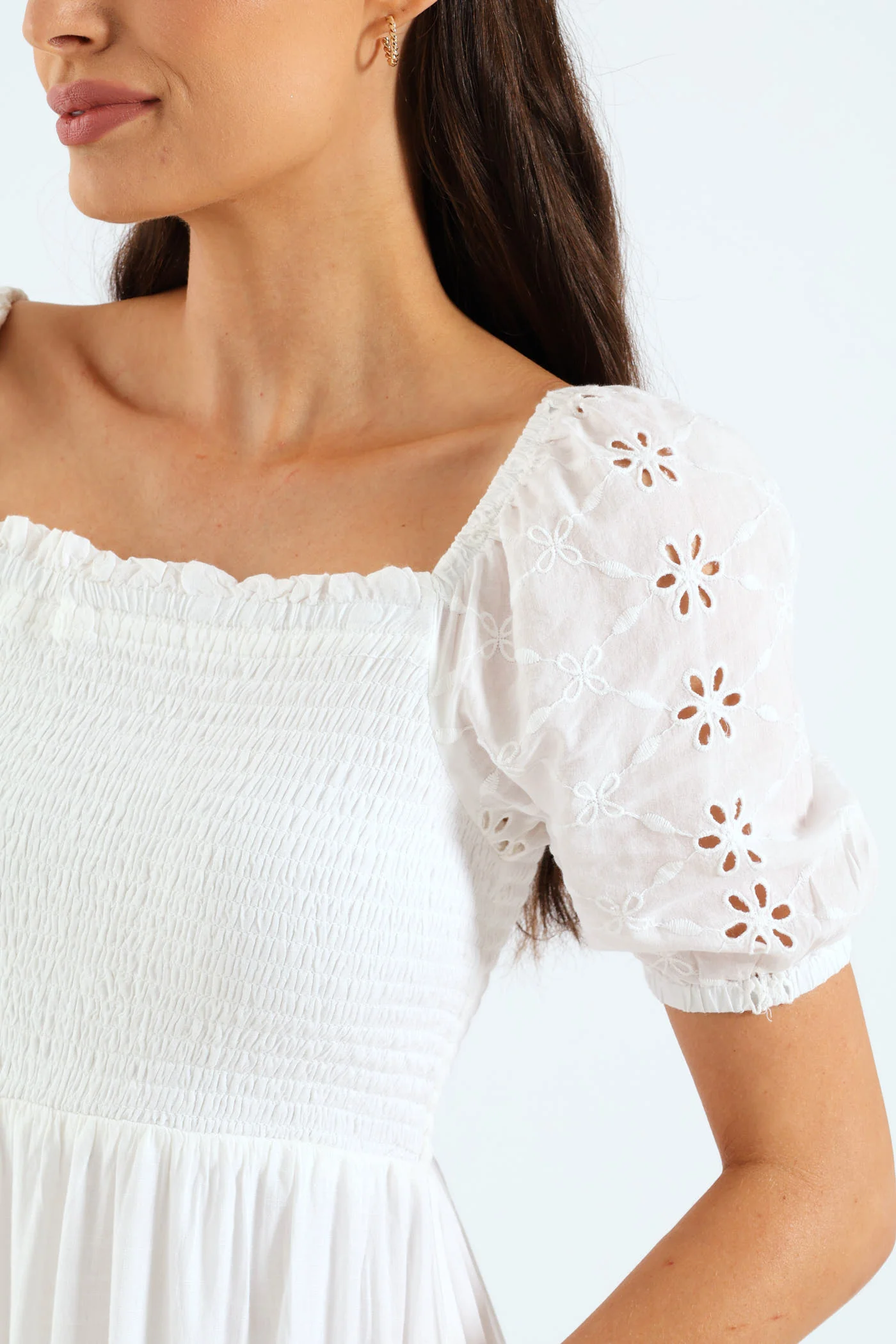 Anglaise Puff Sleeve Shirred Linen Midi Dress - White - Image 2