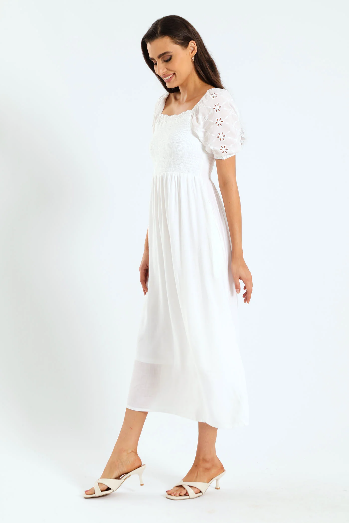Anglaise Puff Sleeve Shirred Linen Midi Dress - White - Image 3