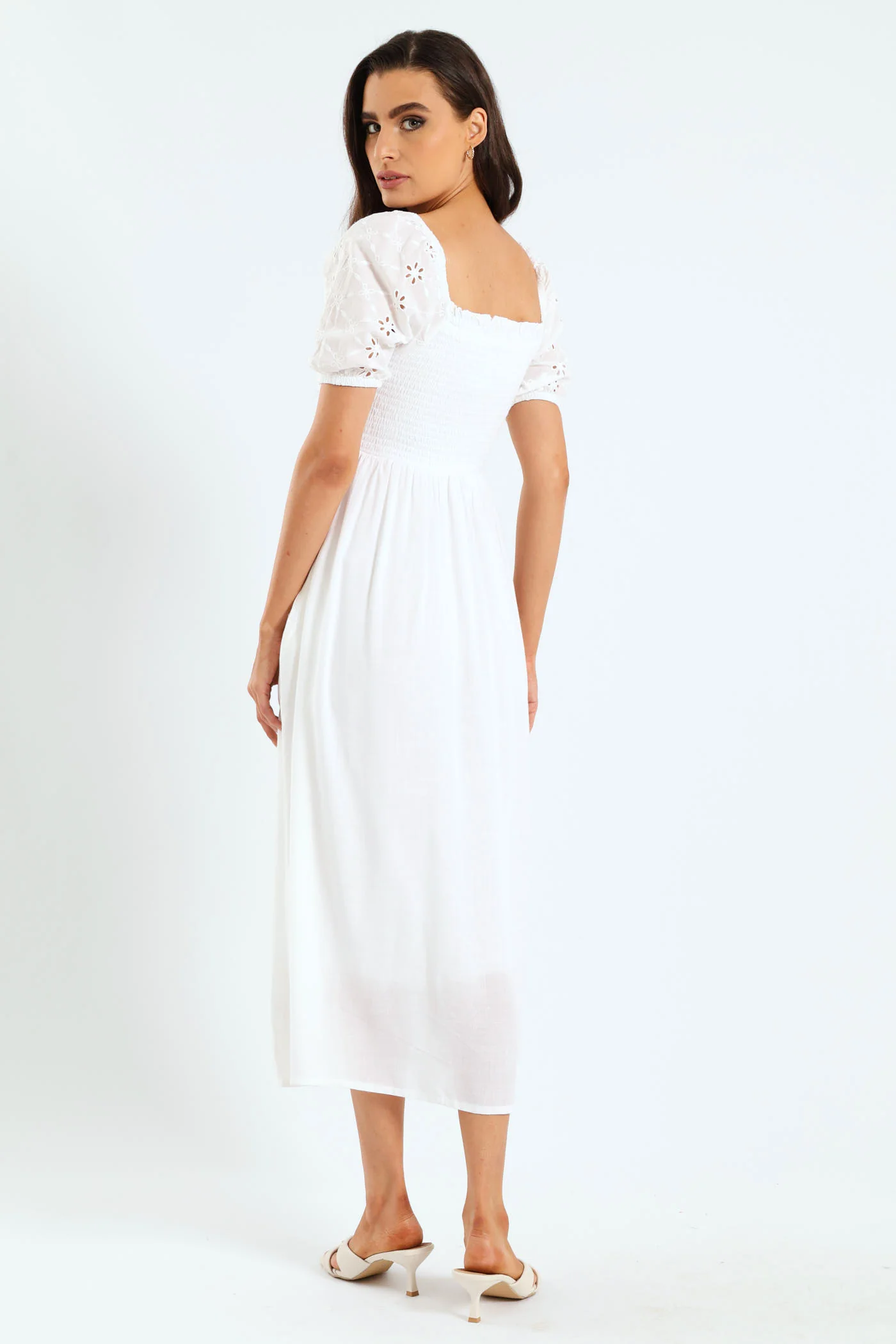 Anglaise Puff Sleeve Shirred Linen Midi Dress - White - Image 4