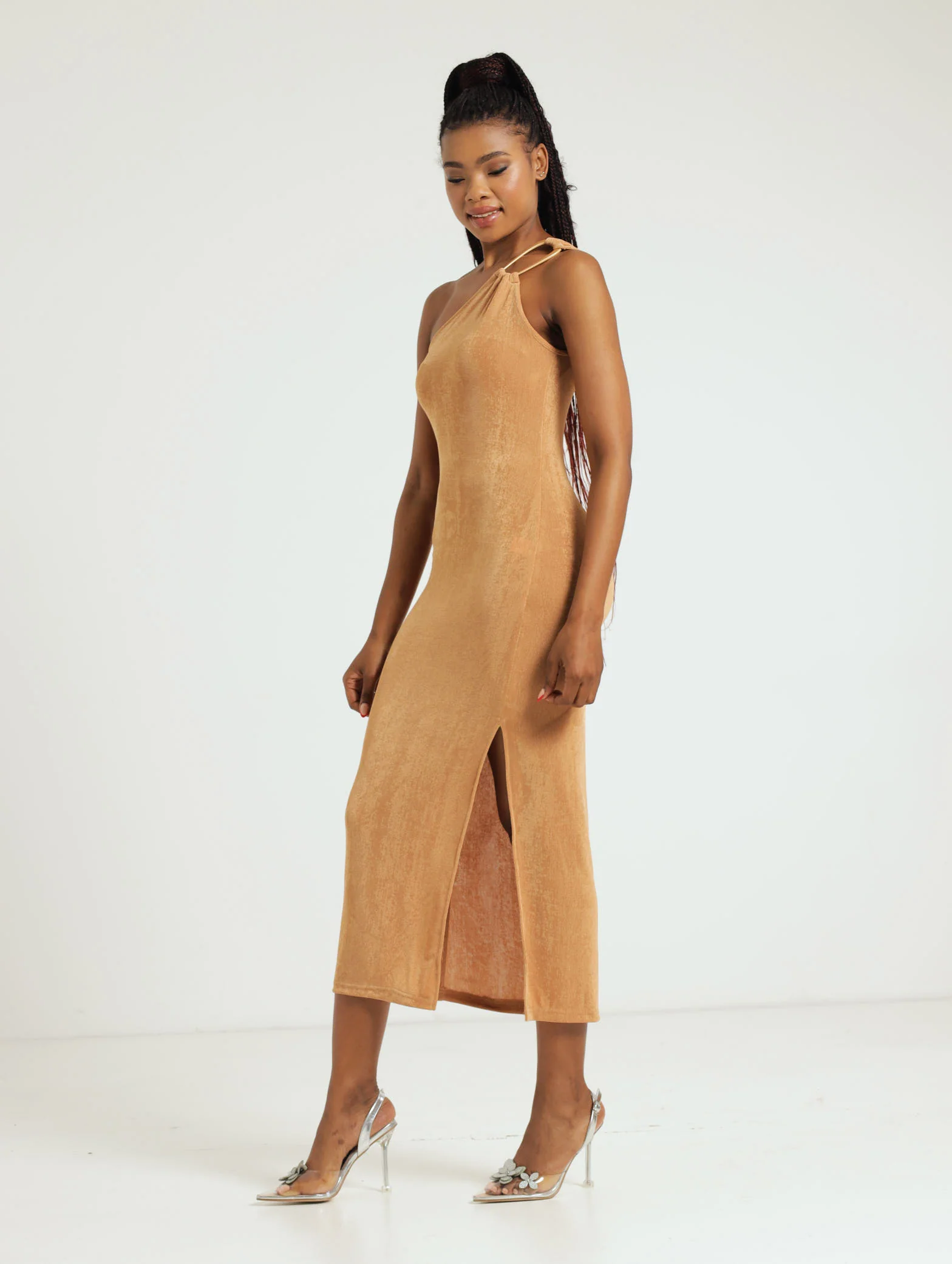 Asymmetrical Trim Detail Bodycon Dress - Tan - Image 2