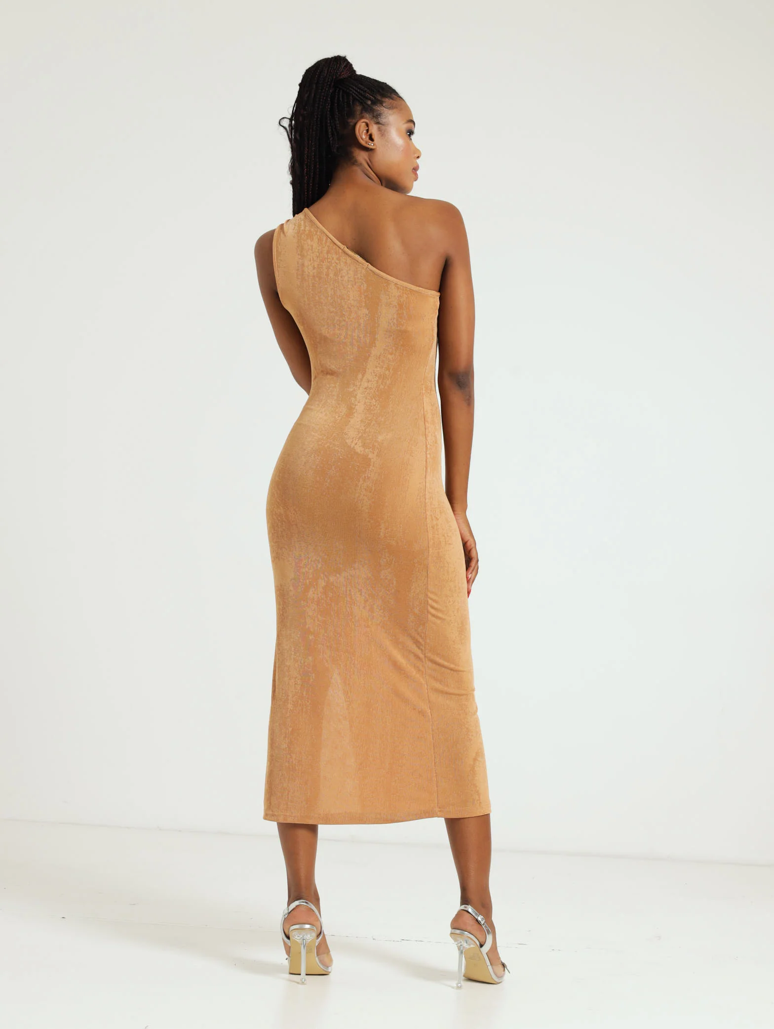Asymmetrical Trim Detail Bodycon Dress - Tan - Image 3