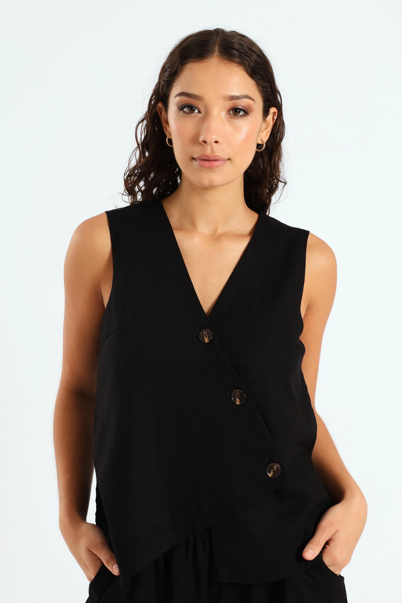 Asymmetric Linen Gilet Jacket - Black