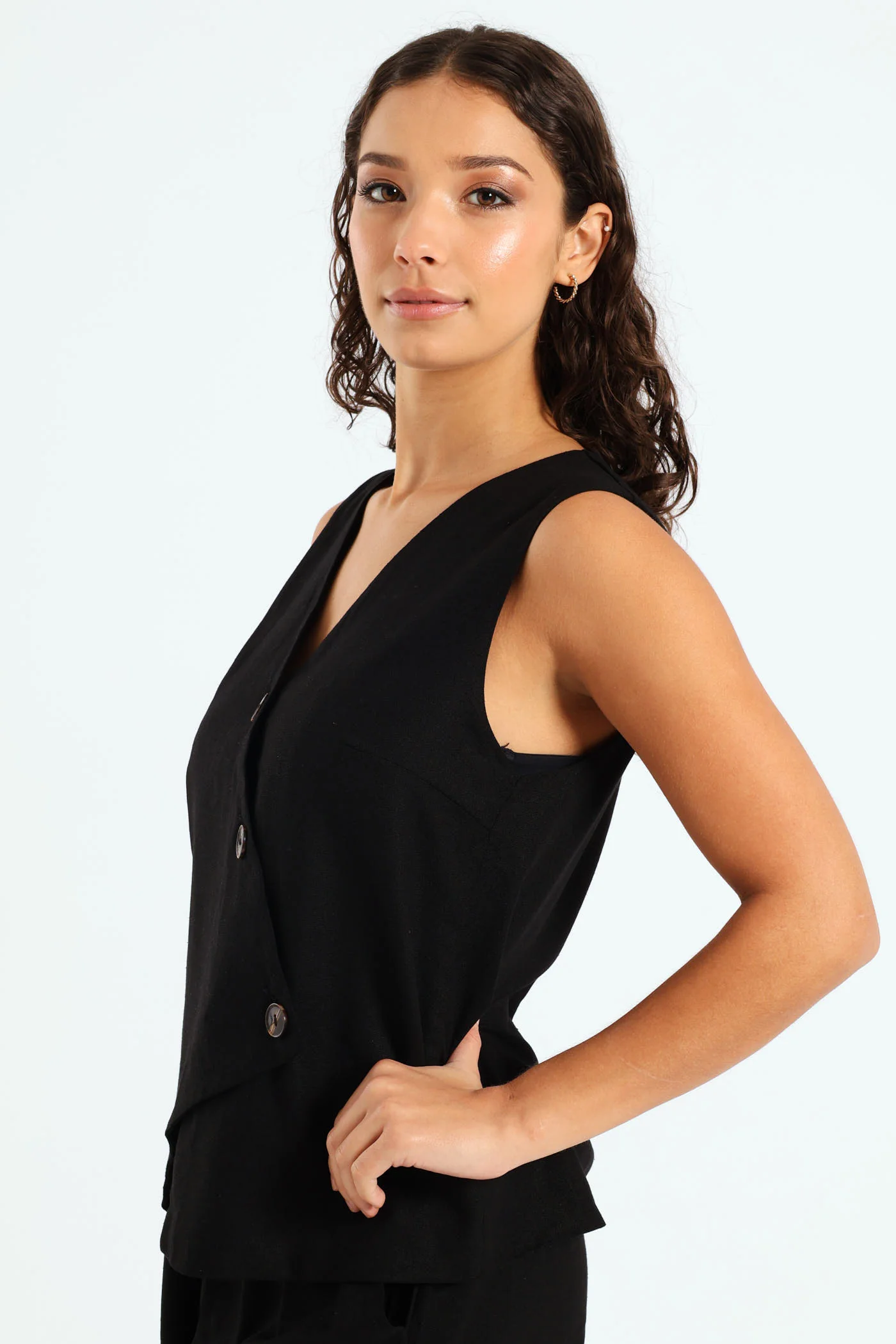 Asymmetric Linen Gilet Jacket - Black - Image 2