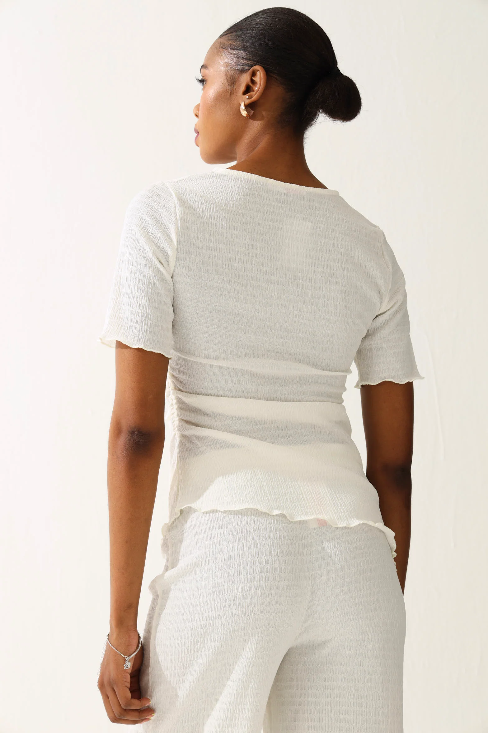 Asymmetrical Crinkle Knit Top - Cream - Image 4