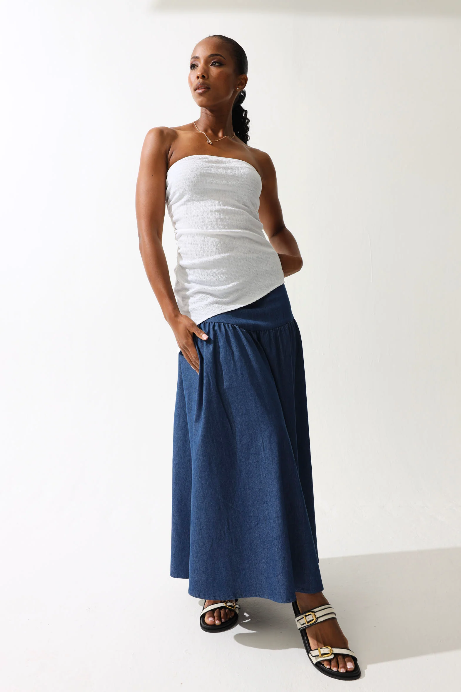 Asymmetrical Strapless Crinkle Knit Top - Cream