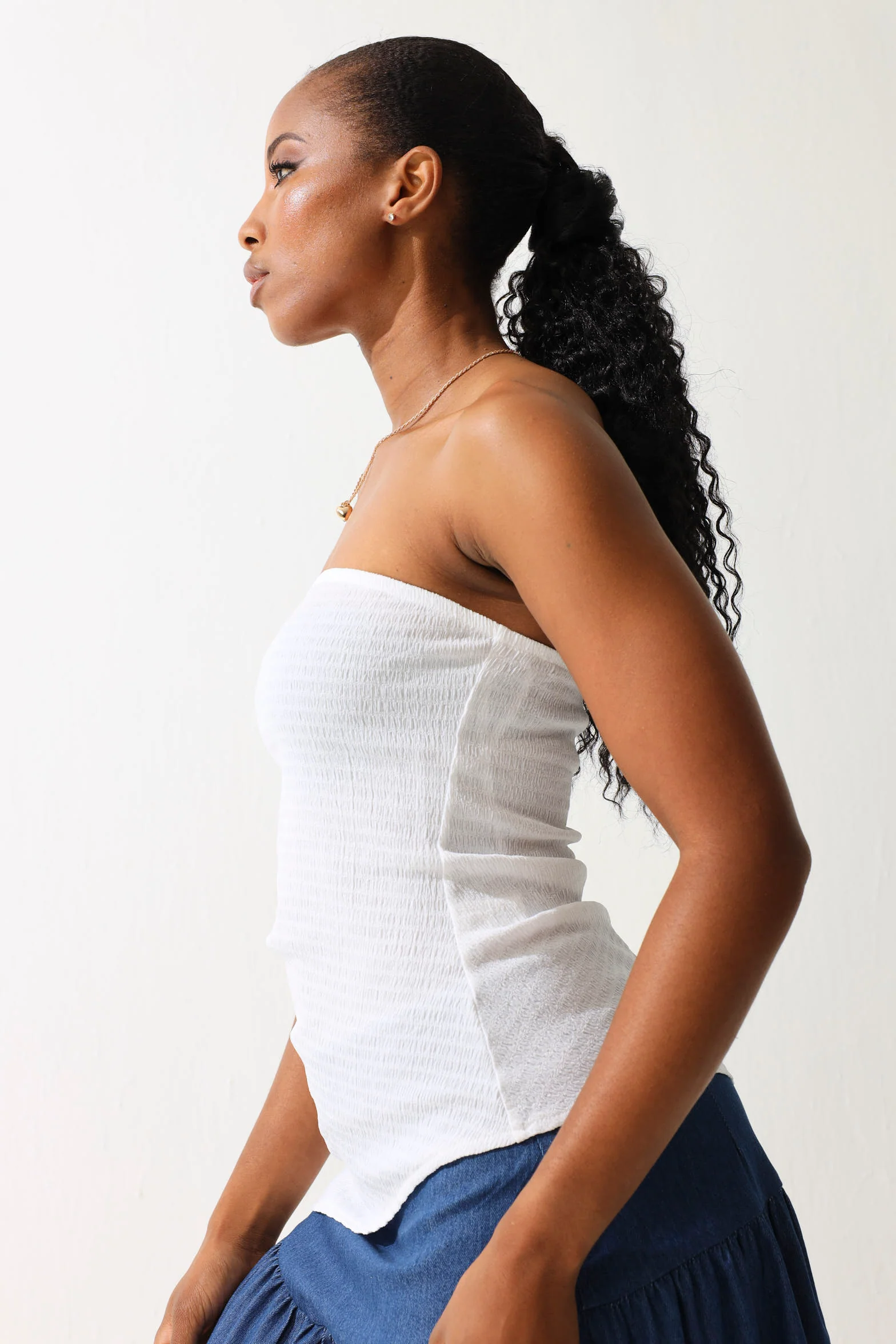 Asymmetrical Strapless Crinkle Knit Top - Cream - Image 3
