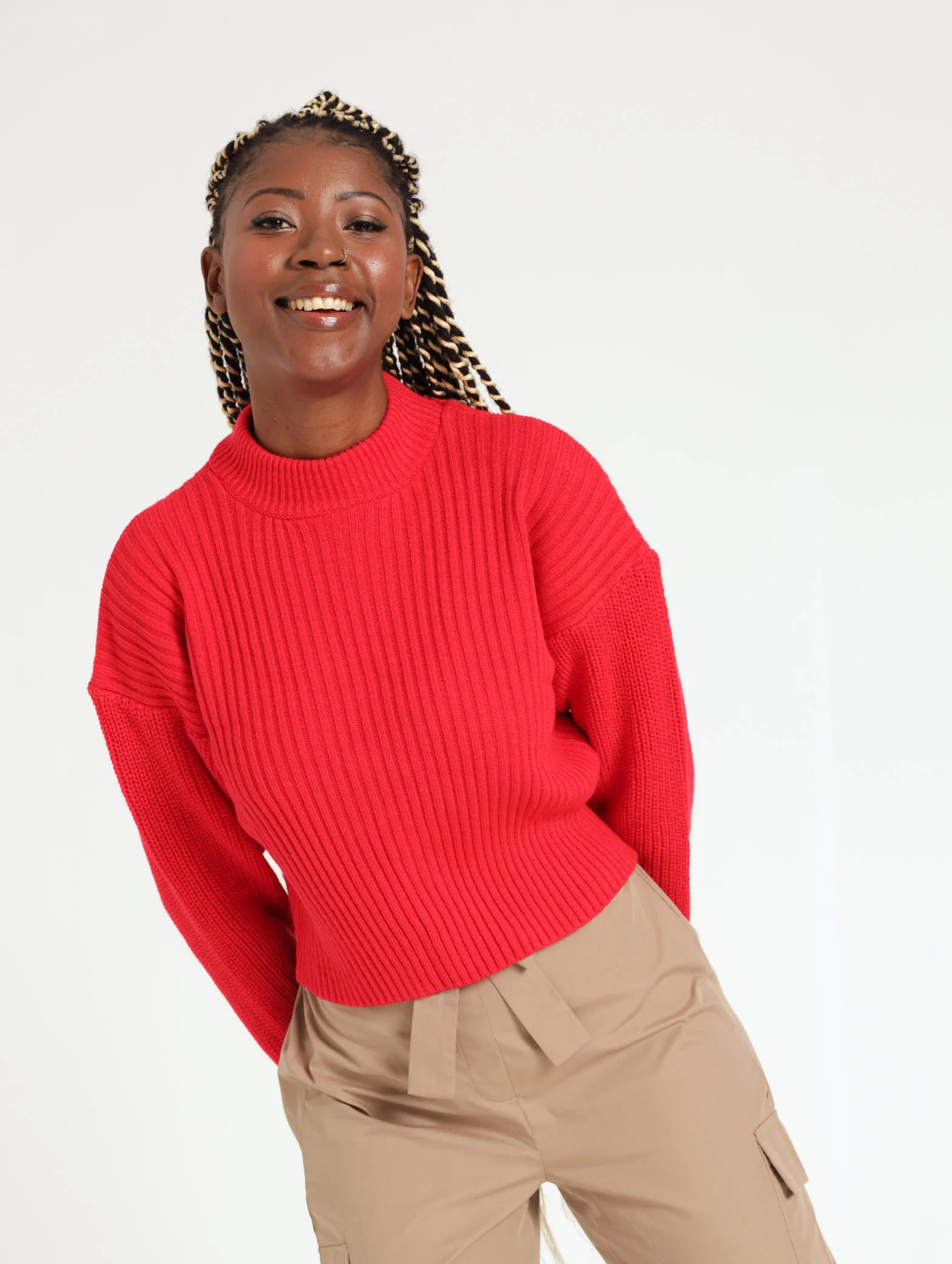 Balloon Sleeve Turtle Neck - Red
