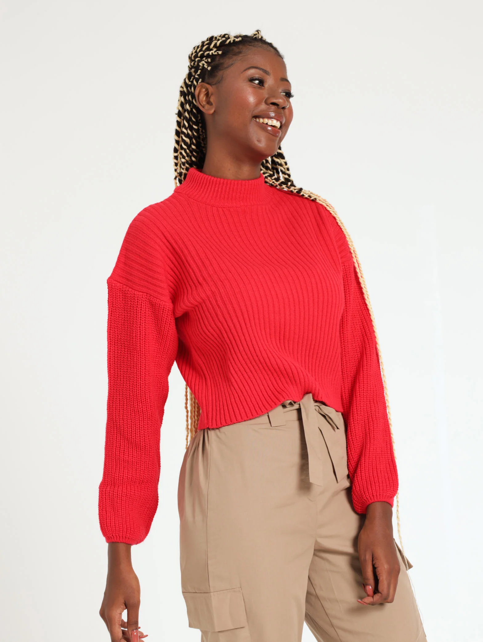 Balloon Sleeve Turtle Neck - Red - Image 2