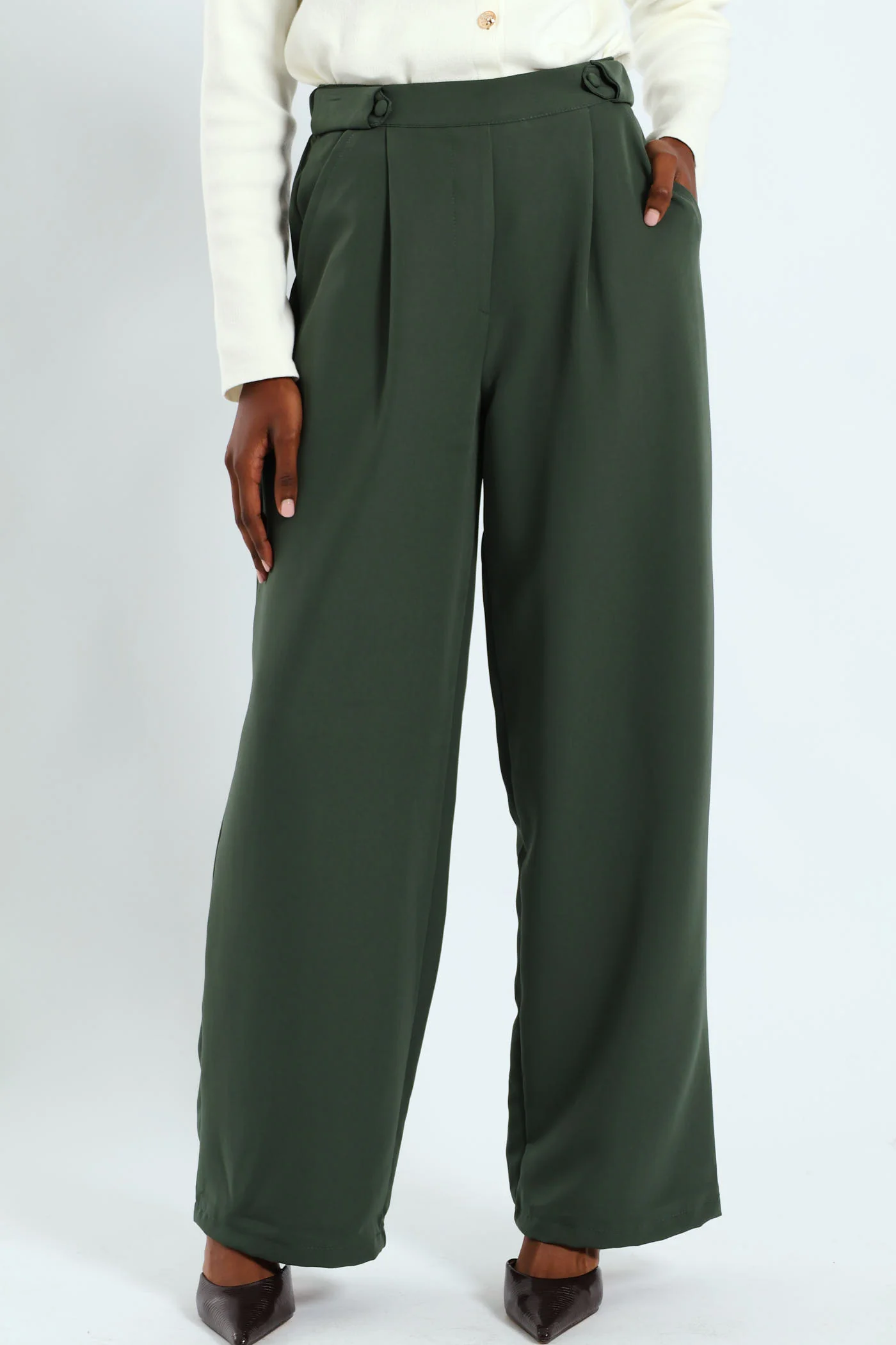 Barbi Tab Front Elasticated Back Pants - Fatigue
