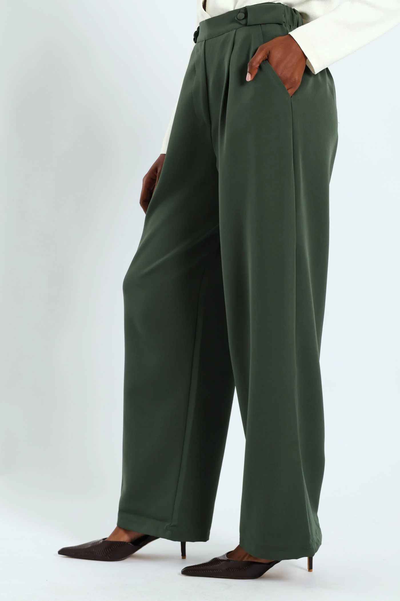 Barbi Tab Front Elasticated Back Pants - Fatigue - Image 2