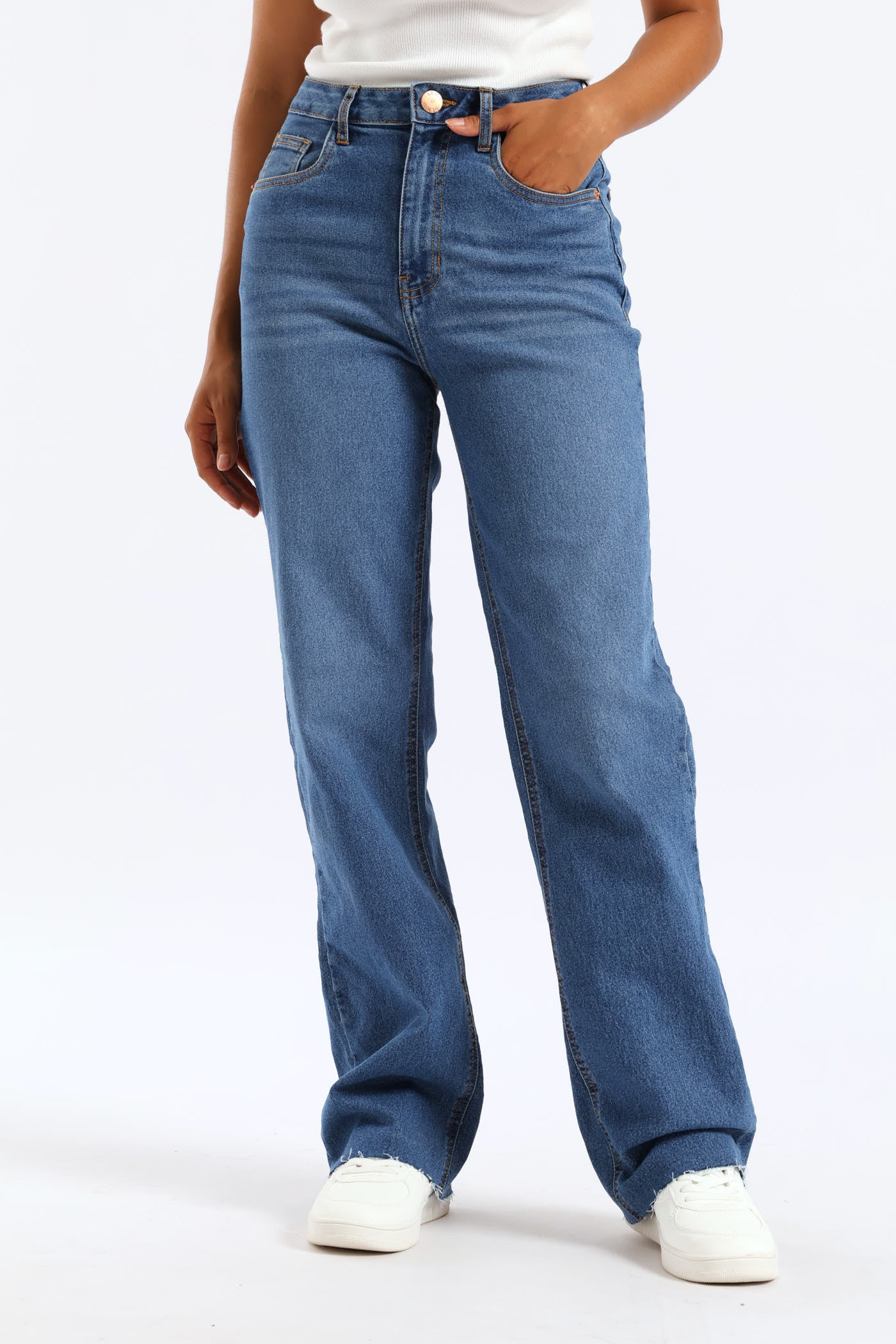 Basic Raw Hem Wide Leg Jean - Medium Wash