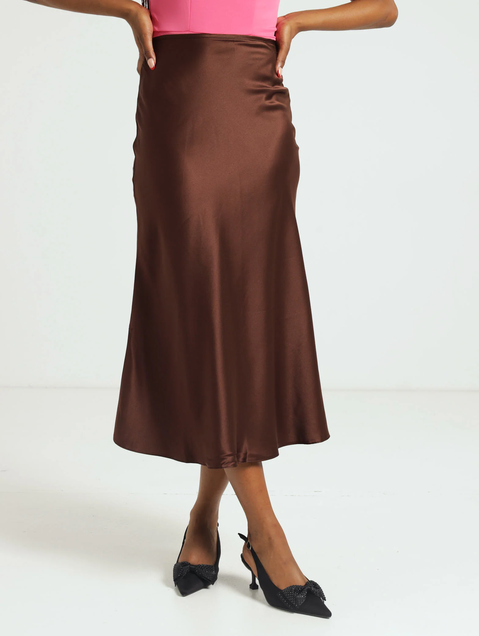Basic Satin Slip Skirt - Brown