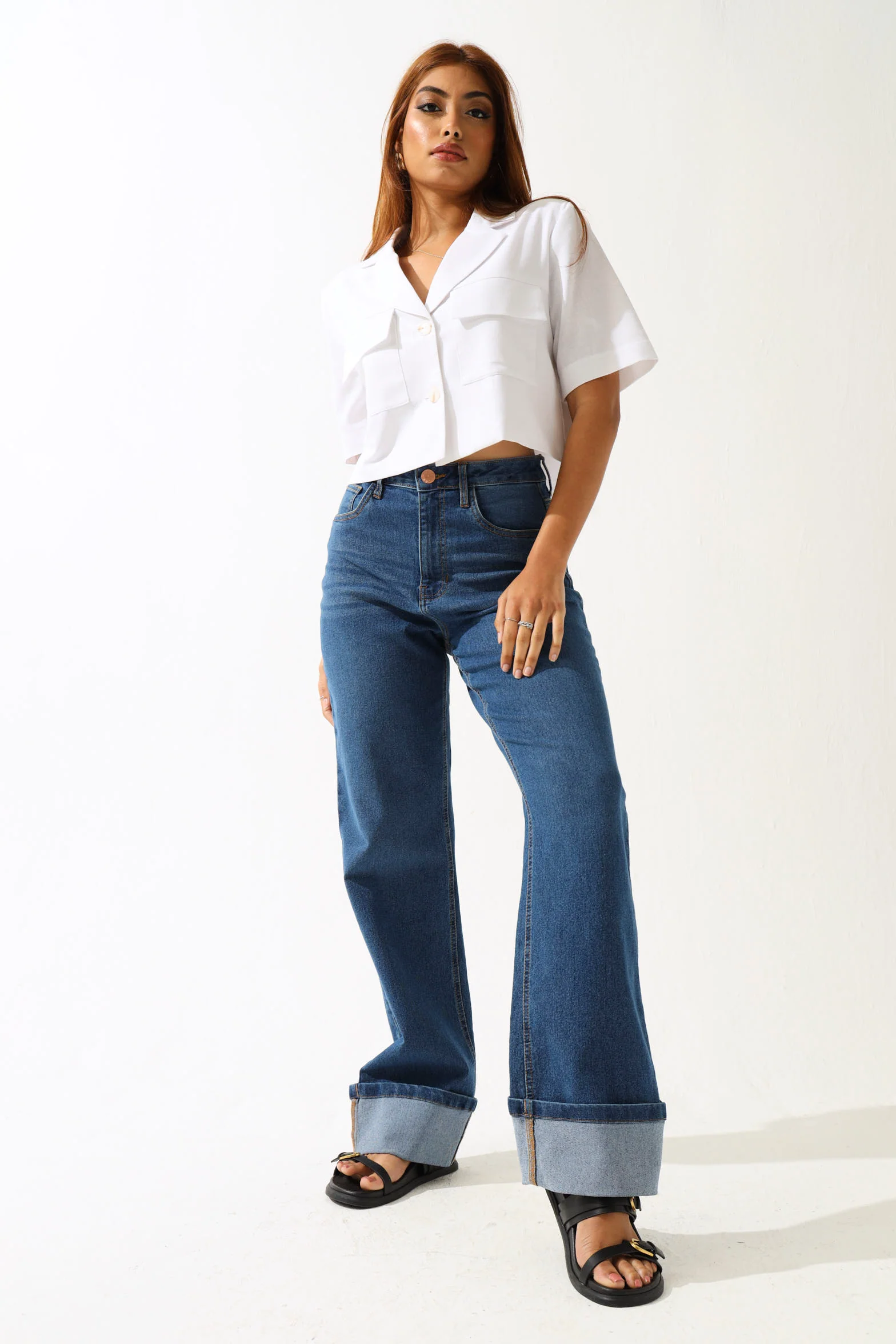 Basic Turn Up Wide Leg Jean - Medium Wash