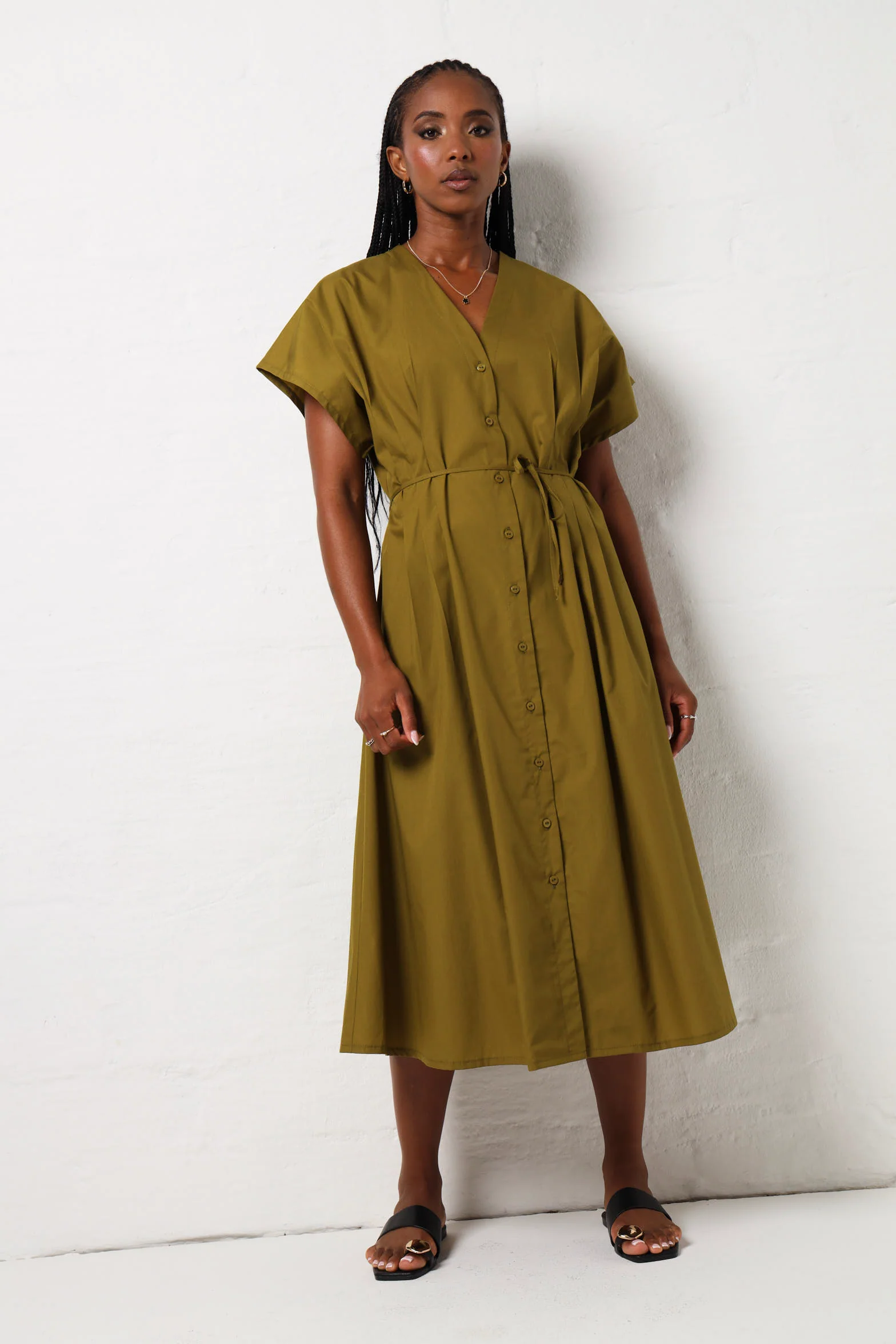 Batwing Pleat Detail Poplin Midaxi Dress - Green