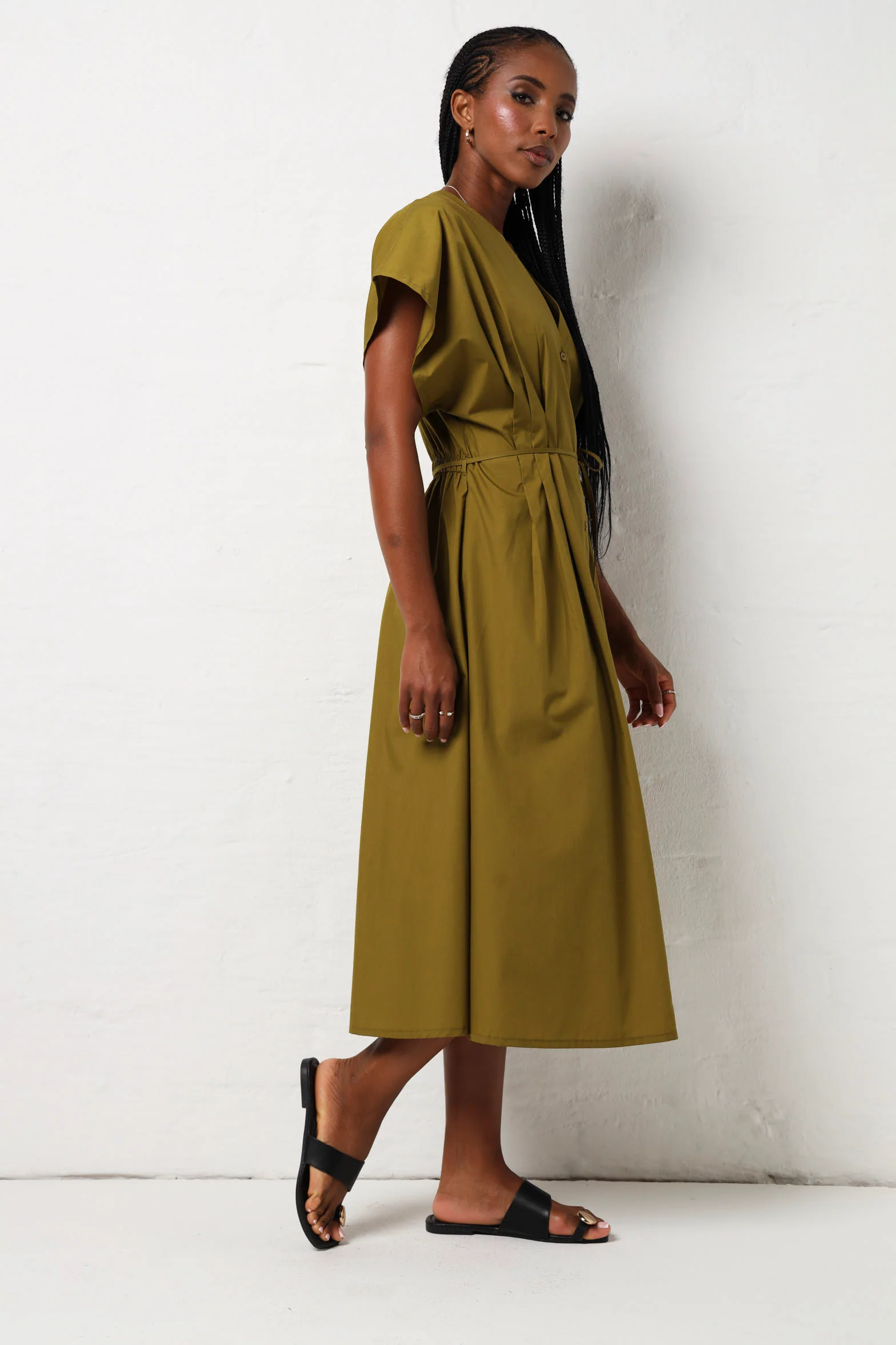 Batwing Pleat Detail Poplin Midaxi Dress - Green - Image 2