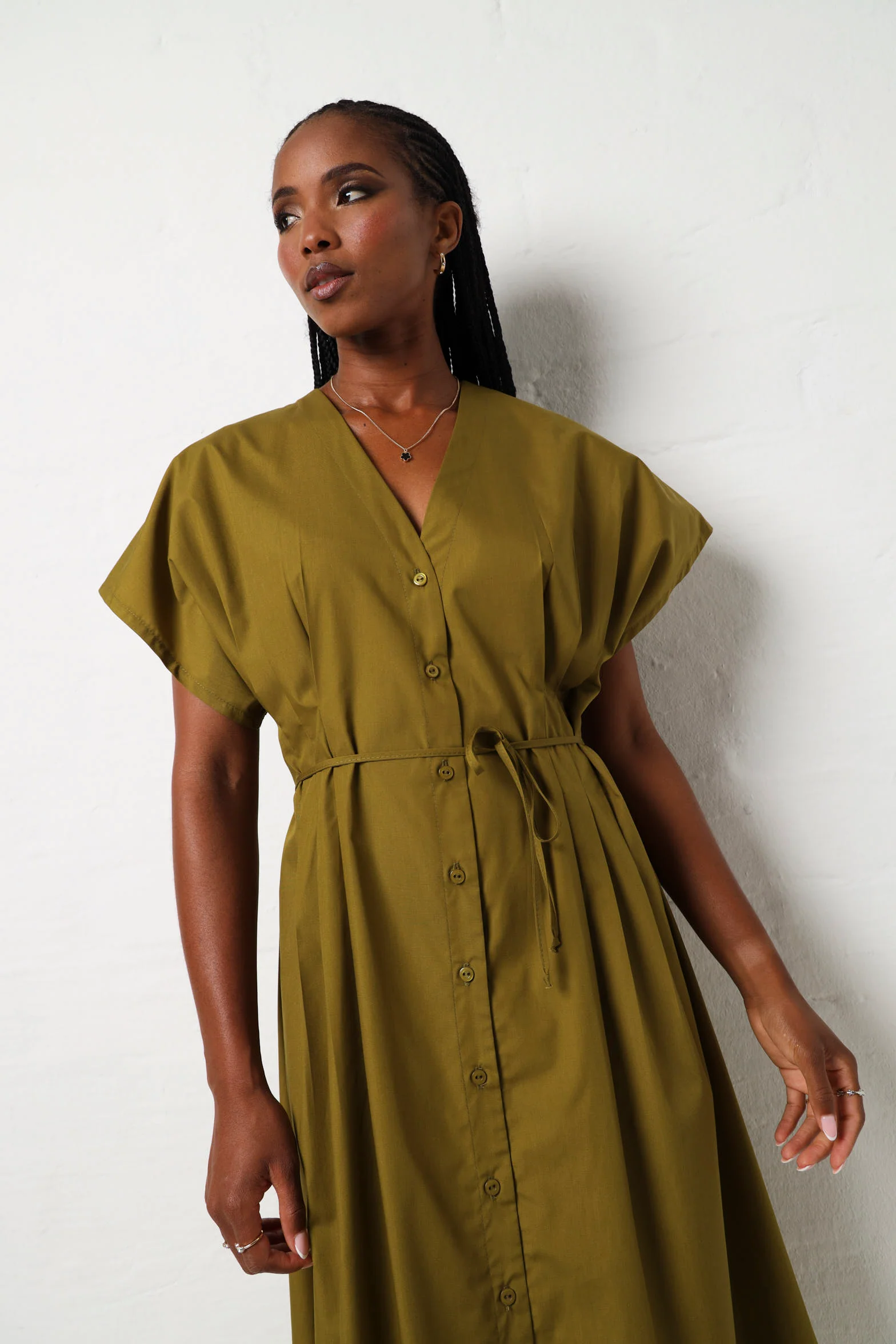 Batwing Pleat Detail Poplin Midaxi Dress - Green - Image 3